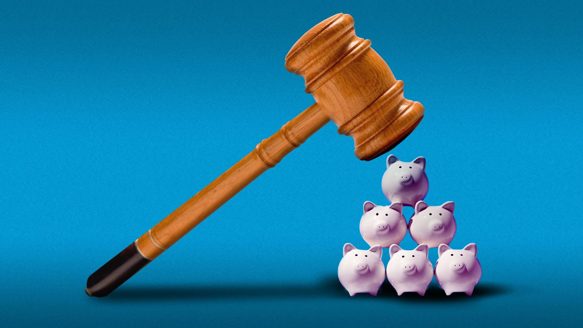 Illustration of a gavel hovering above a pyramid of six piggy banks