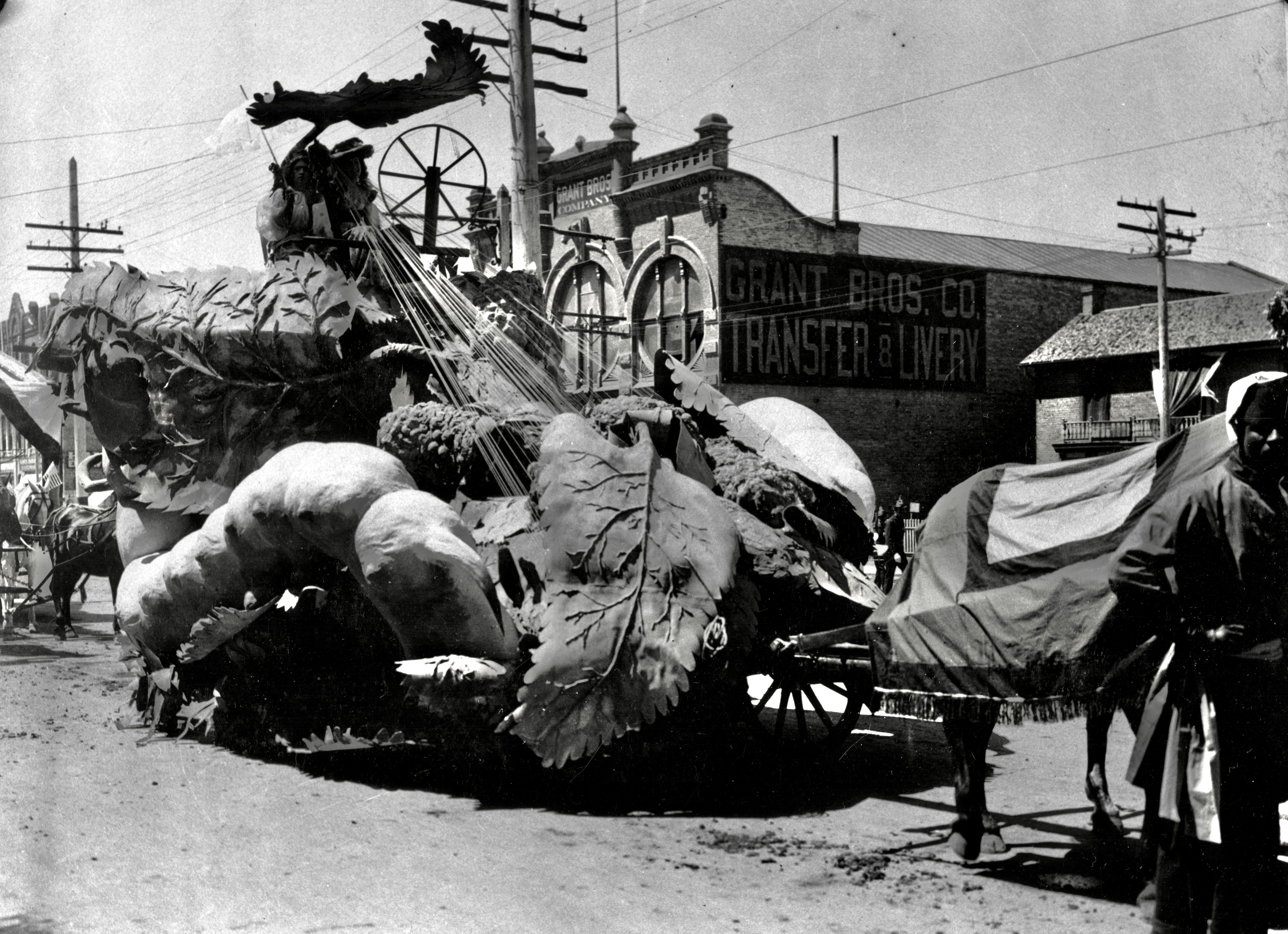 A parade float in 1897 shows a giant silkworm spinning silk amid leaves.