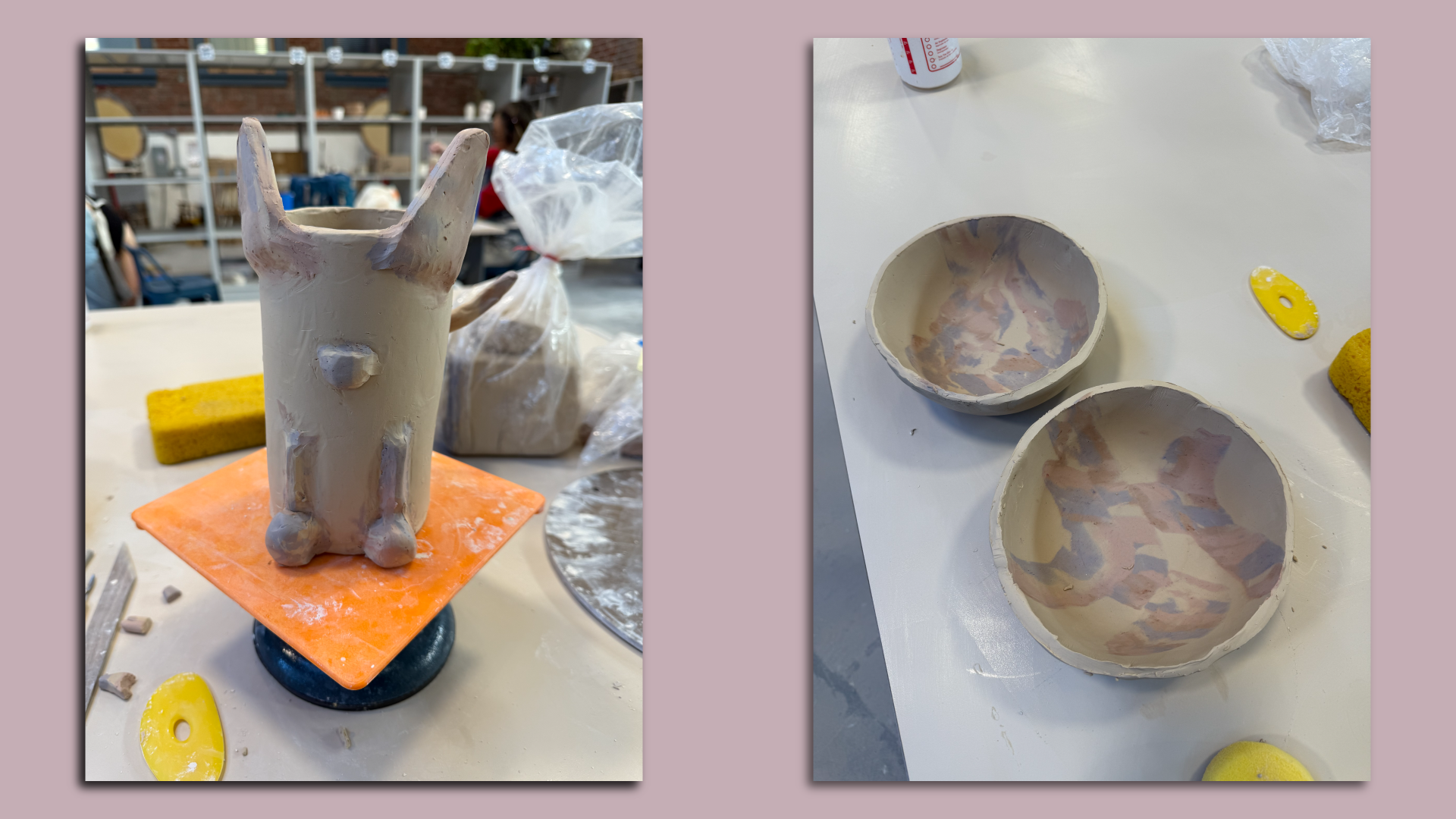 Two images of white clay projects with stripes of pink and blue in them. One is of a vase and the other is of two bowls.