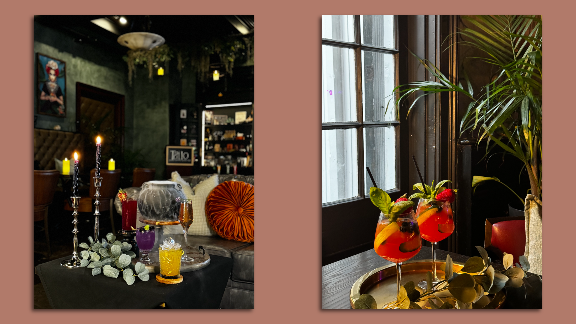 In side by side photos, cocktails sit within the witchy ambiance at Tatlo.