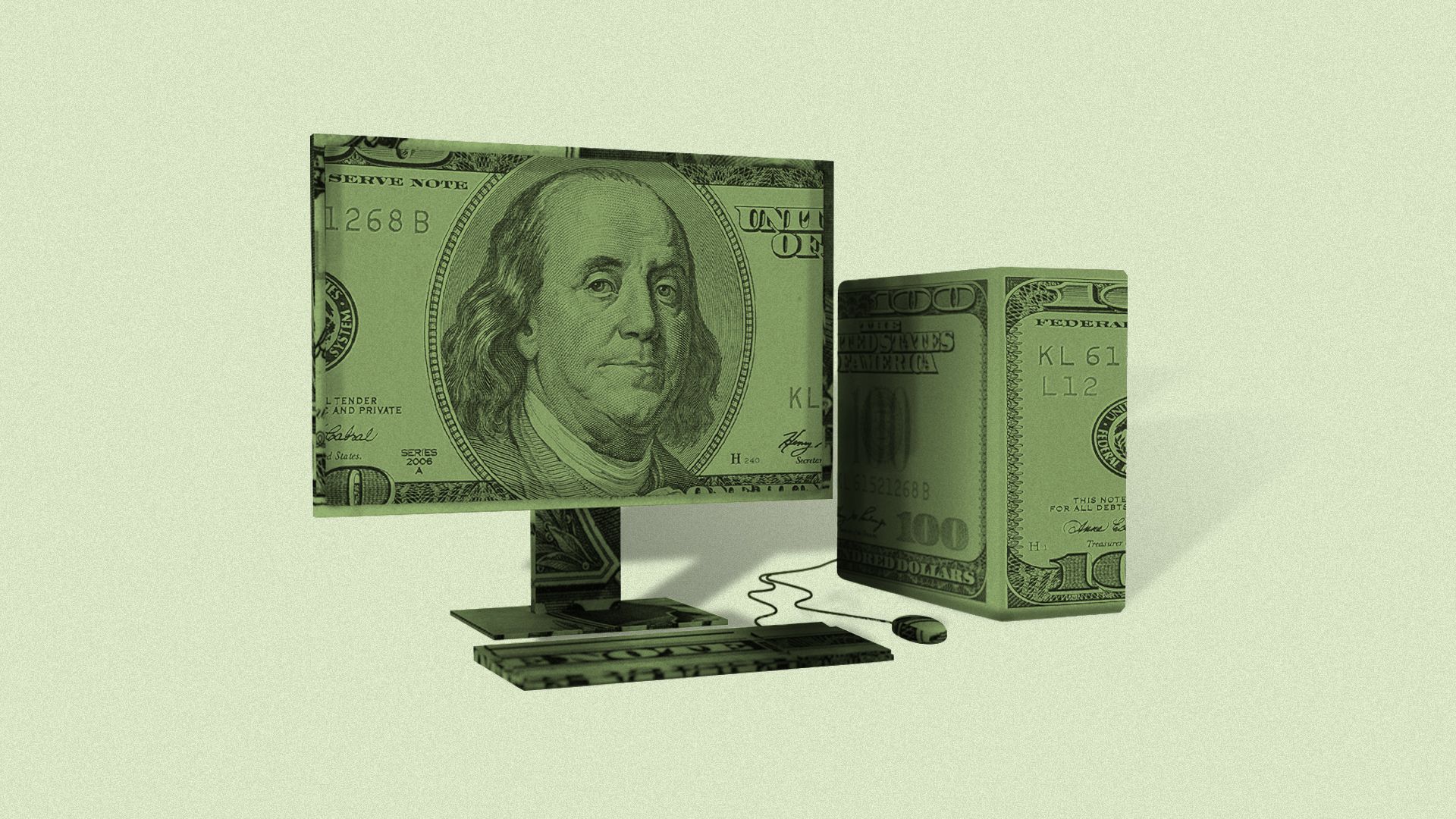 Illustration of an origami computer made from paper money.