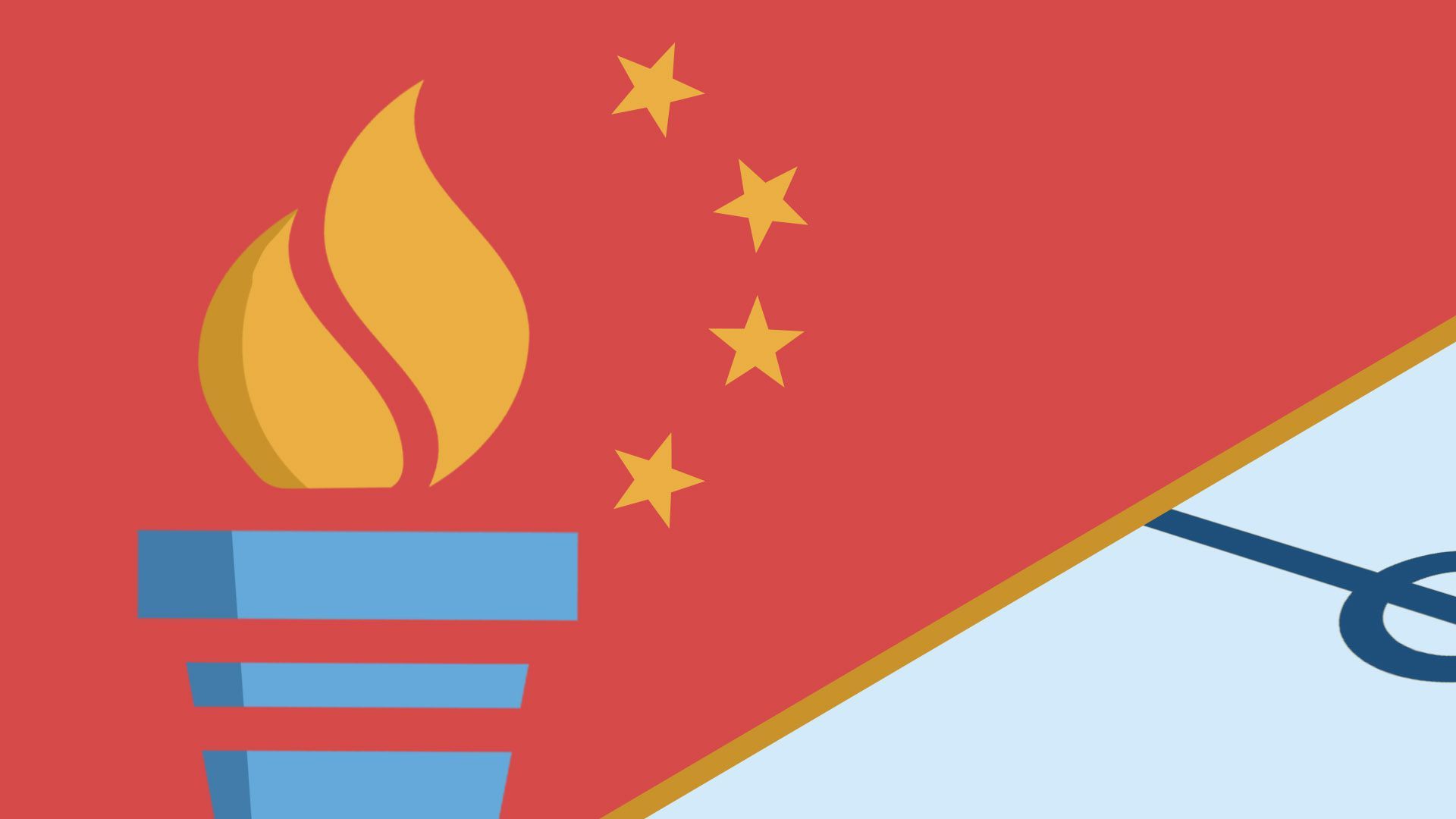Illustration of an olympic torch with the stars of the Chinese flag beside an ice hockey ring
