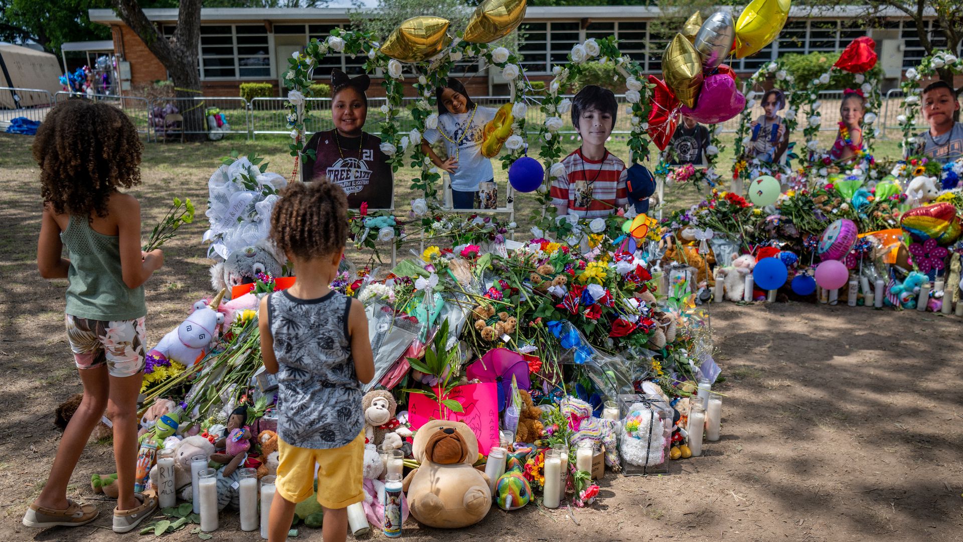 A memorial outside Robb Elementary School in Uvalde, Texas, on May 31.