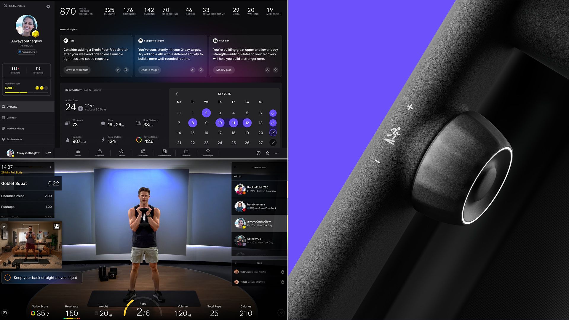 Screenshot of a fitness app with user stats, workout calendar, and session leaderboard on left; close-up of a black exercise machine's knob on a purple background on right.