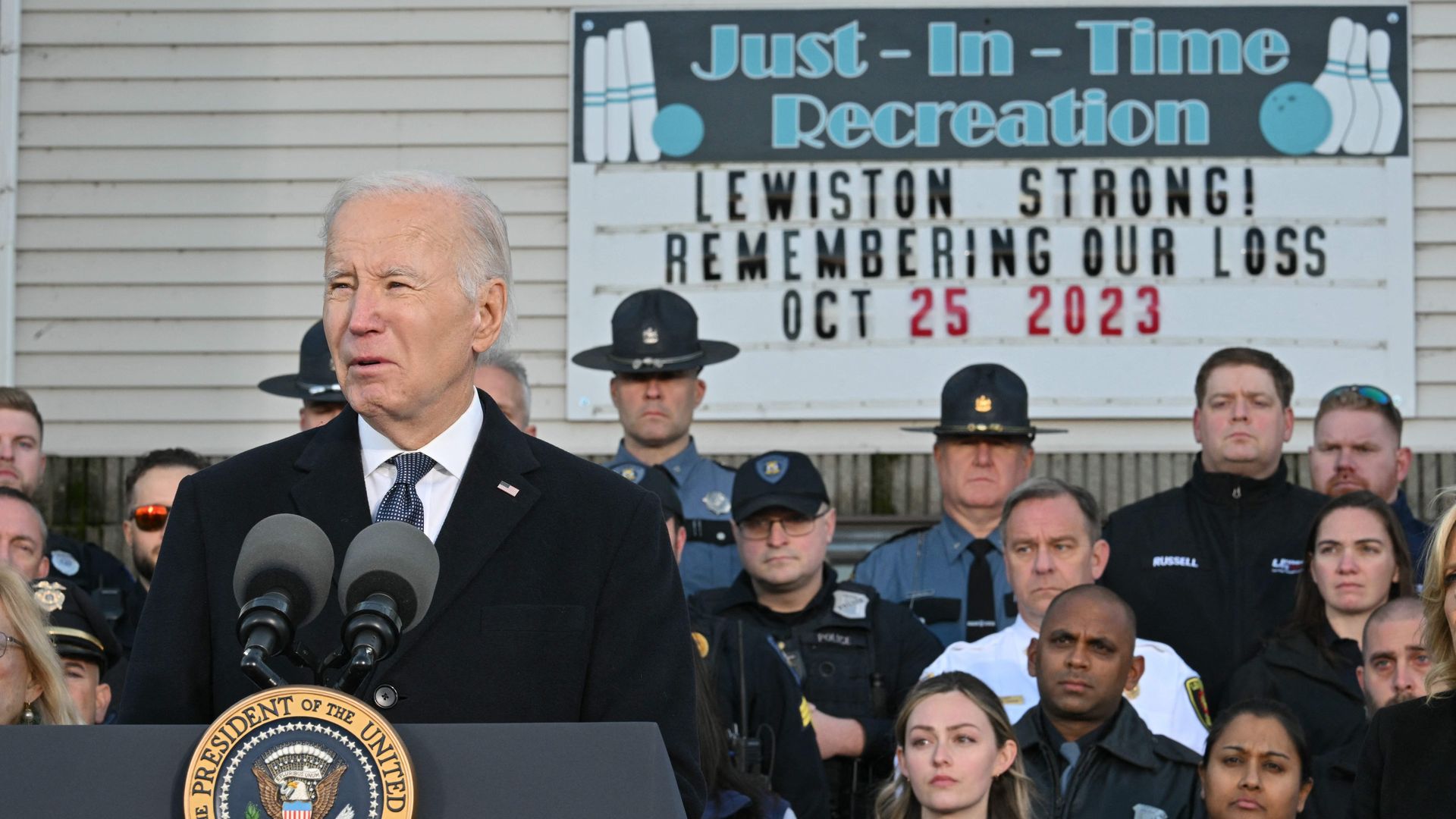 President Biden speaks in Lewiston, Maine, after a mass shooting.