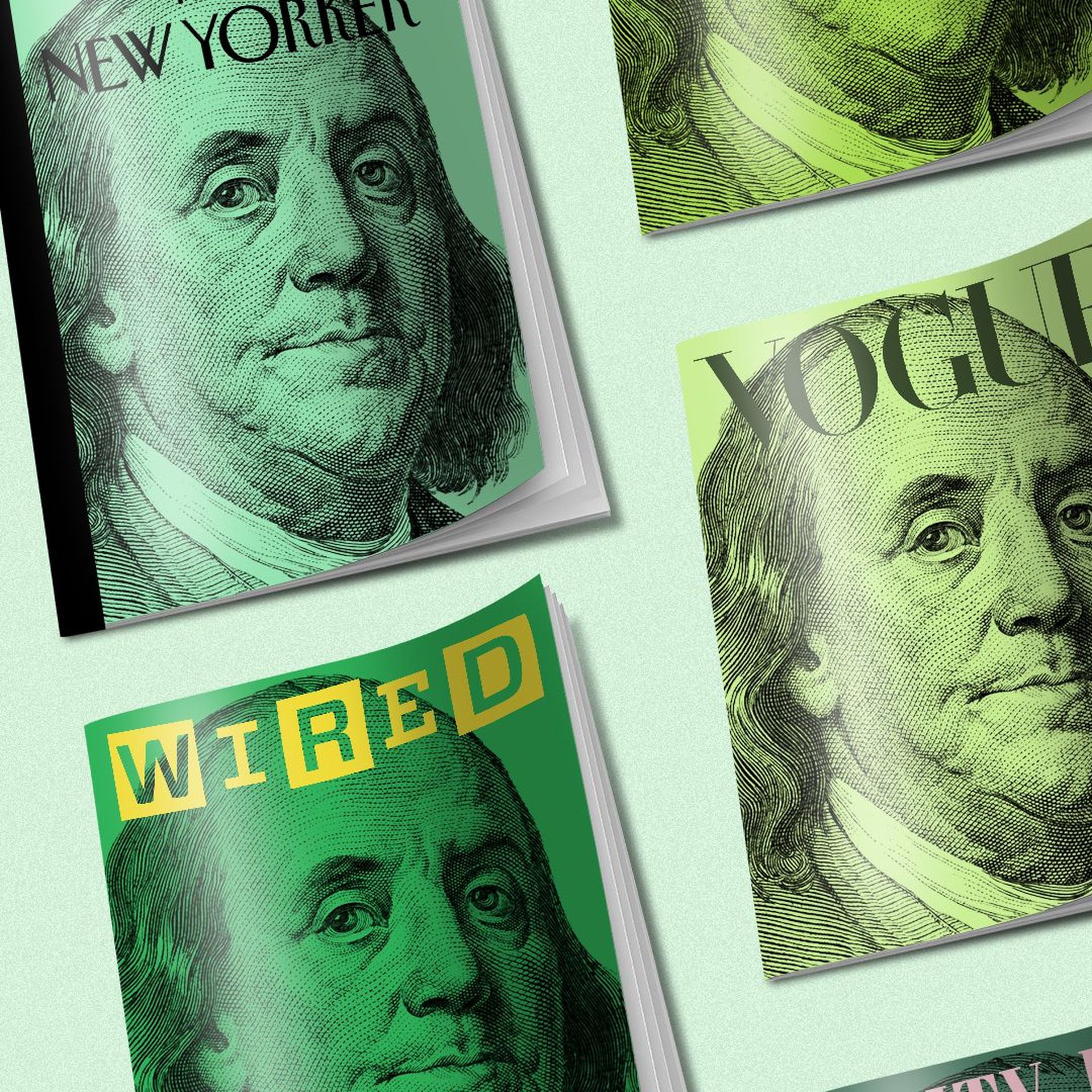 Illustration of Condé Nast magazines with Ben Franklin on the cover