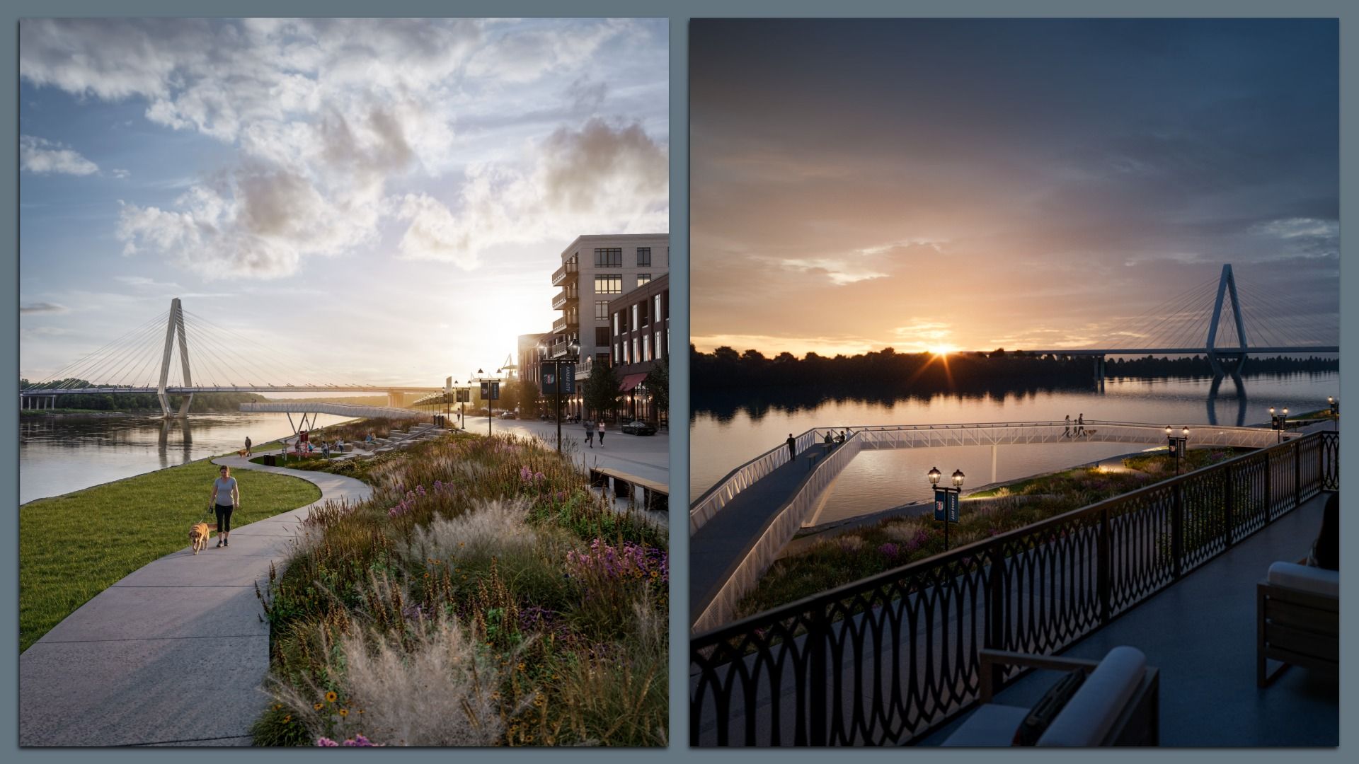 Two views of a riverside park with a cable-stayed bridge in the background; left shows a sunny daytime scene with a woman walking a dog, right shows a sunset with people on a walkway over water.