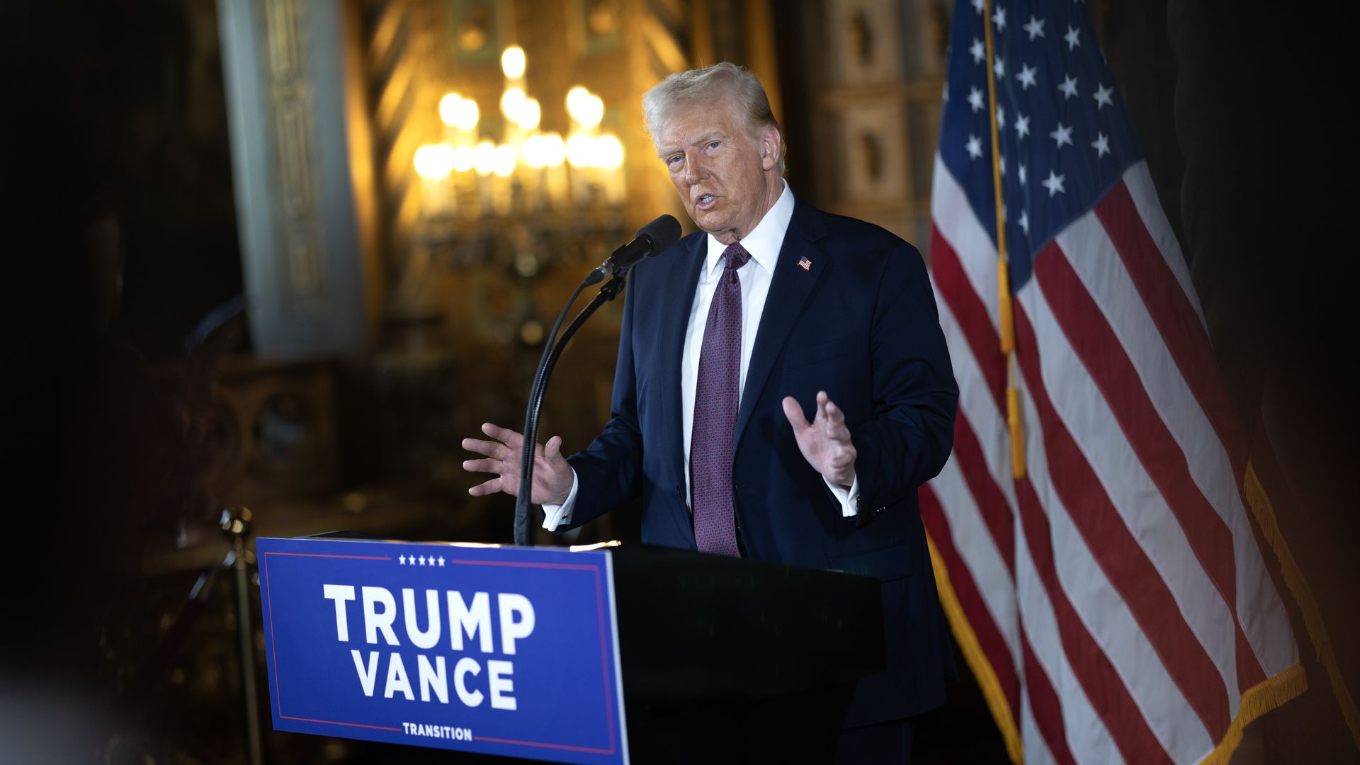 President-elect Donald Trump speaks to members of the media during a press conference at the Mar-a-Lago Club on January 07, 2025 in Palm Beach, Florida. Trump will be sworn in as the 47th president of the United States on January 20, making him the only president other than Grover Cleveland to serve