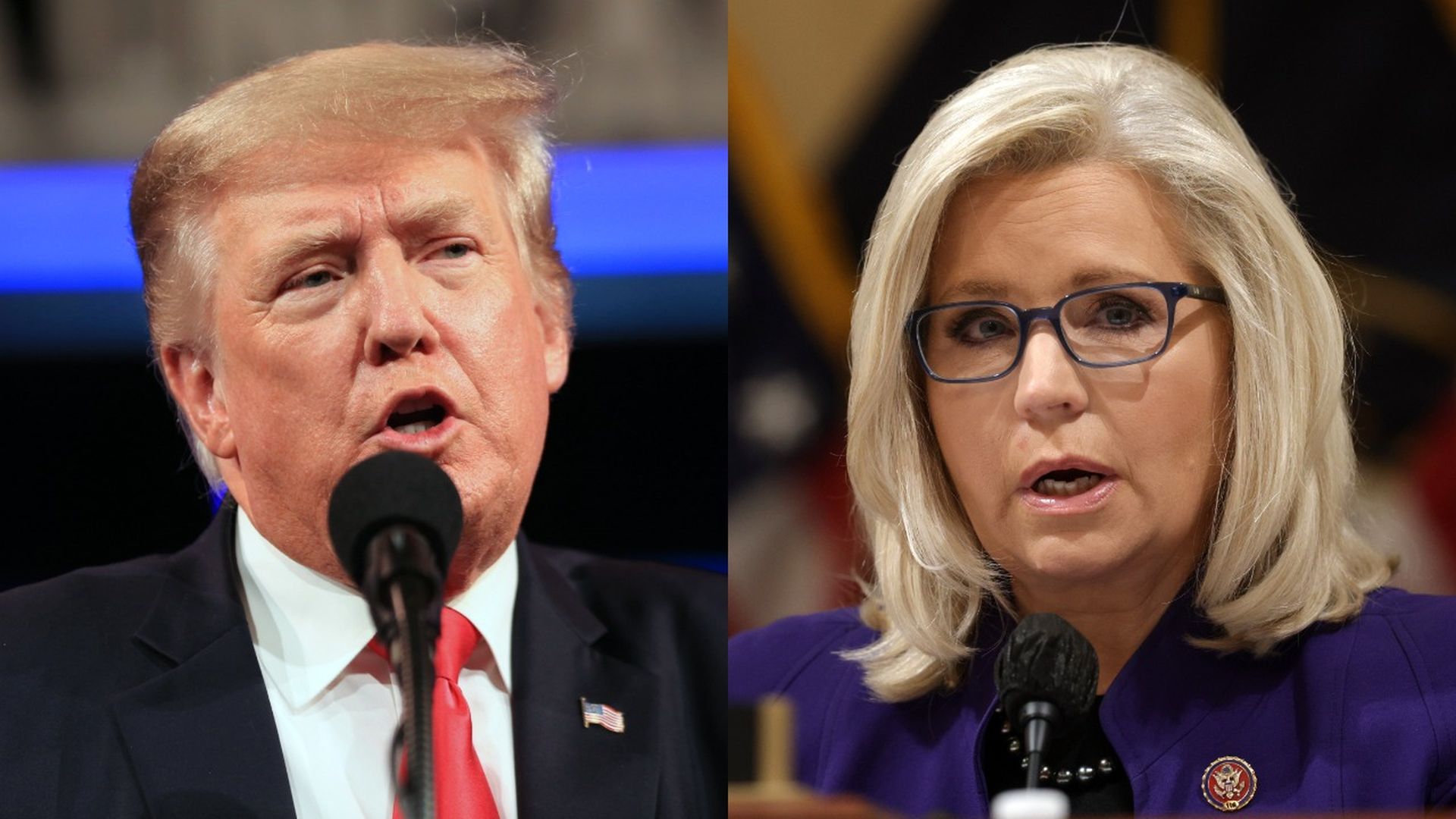 Photo of Donald Trump speaking on the left and Liz Cheney speaking on the right