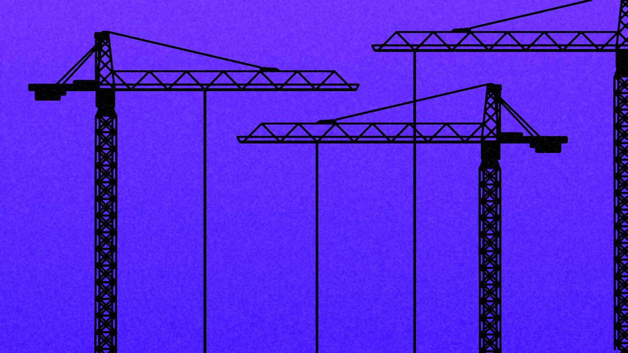 Animated illustration of three cranes, raising neon numbers 5, 0, and 4.
