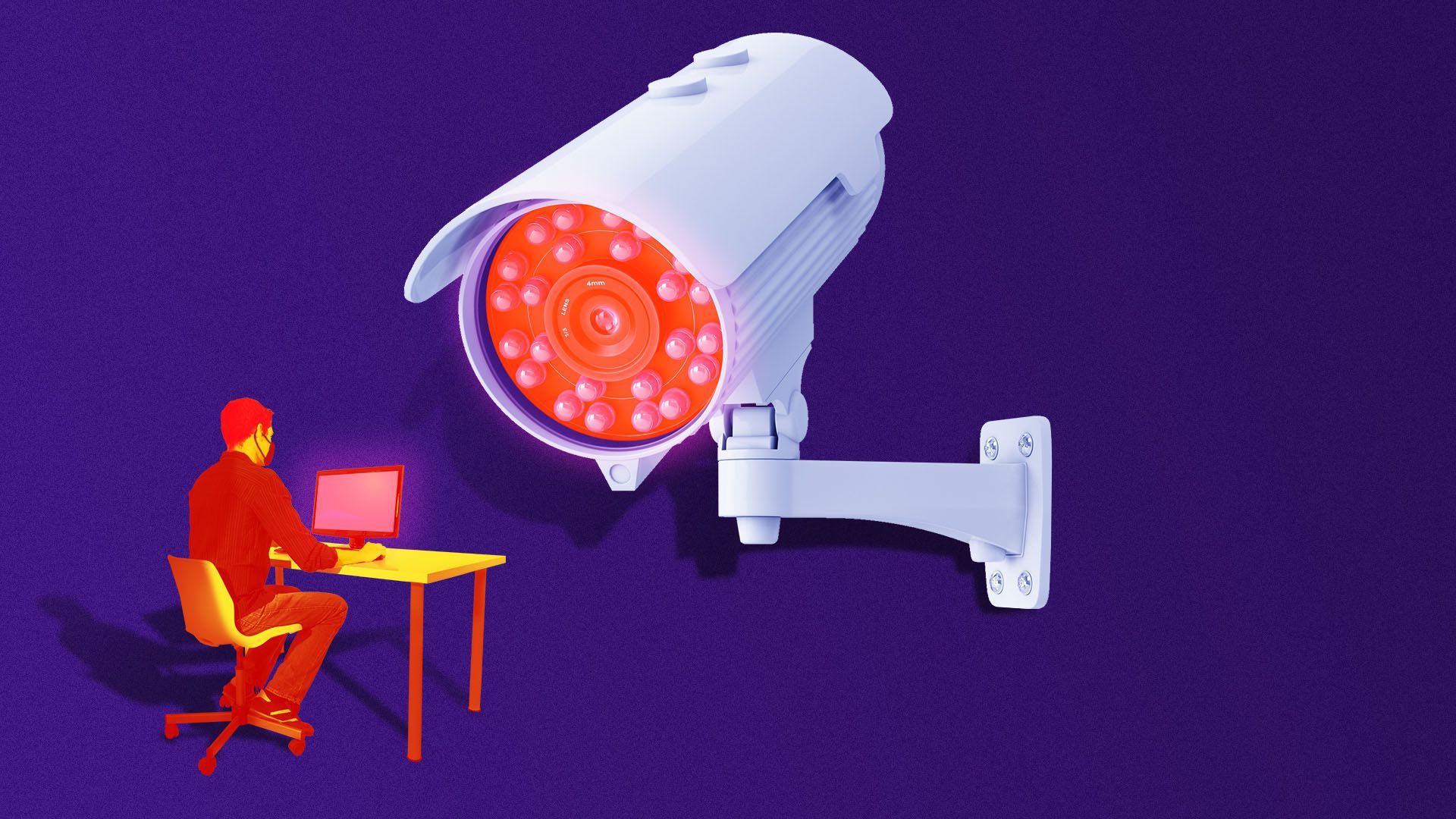 Illustration of a giant surveillance camera over a worker at a desk.