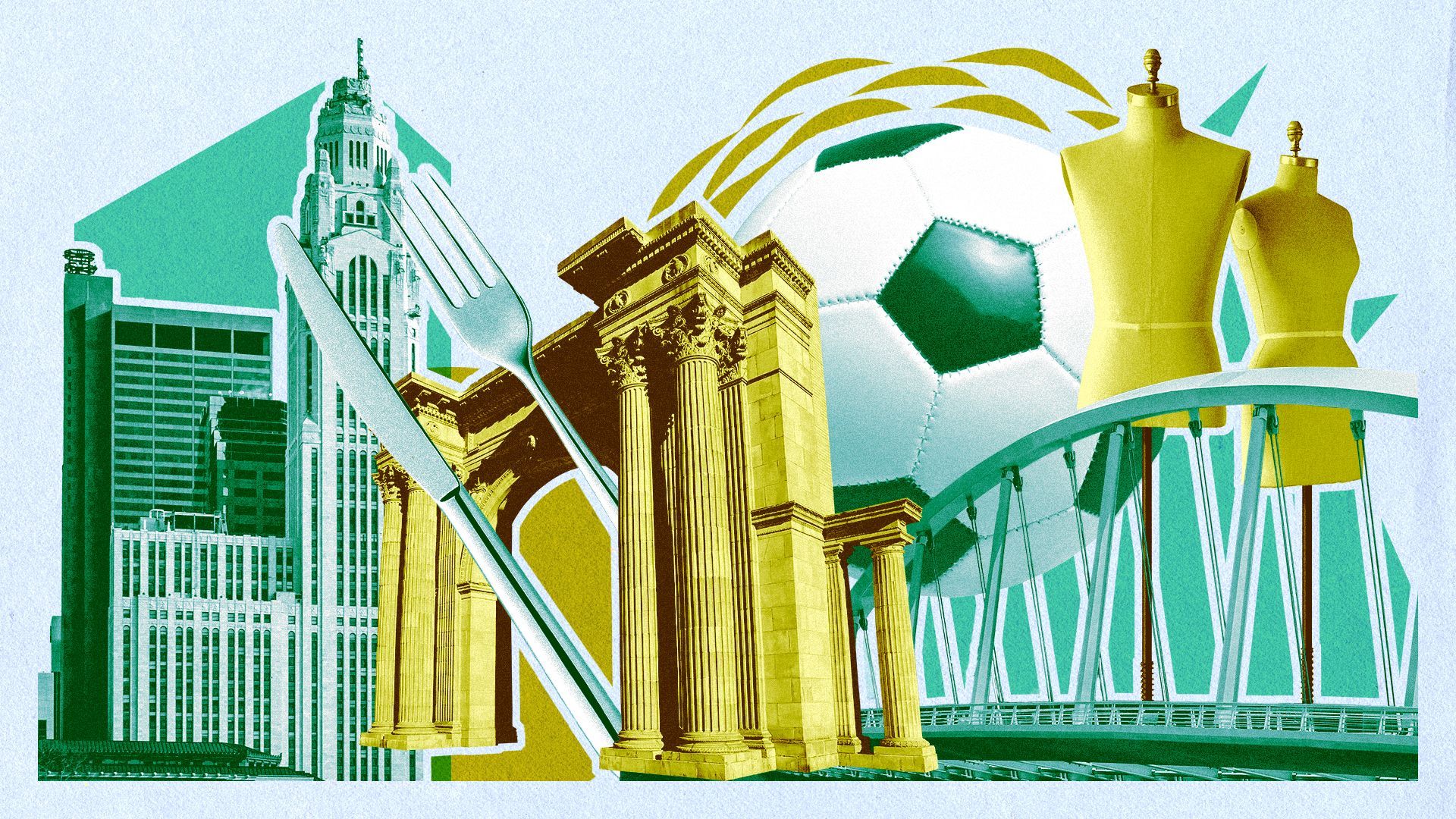 Illustration of the Columbus skyline, arch, and Main Street Bridge with silverware, a soccer ball, and mannequins in the background.
