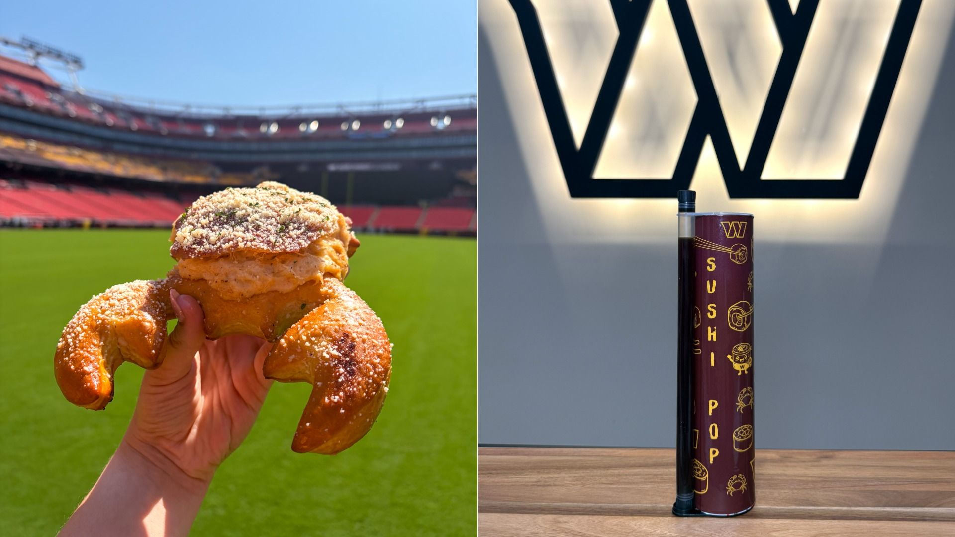 Split image: left—hand holding a large salted pretzel at a sunny stadium; right—a tall purple sushi-themed drink dispenser on a wooden table with a large backlit 'WW' logo in the background.