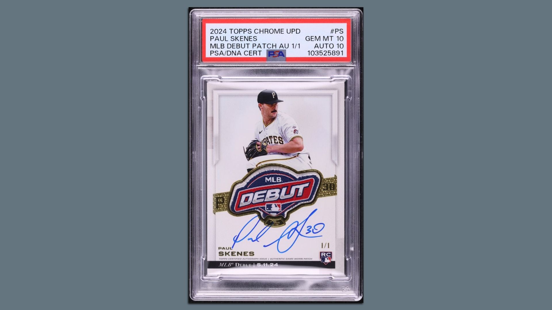 2024 Topps Chrome MLB debut patch baseball card of Paul Skenes, graded GEM MT 10 with autograph 10, showing Skenes pitching in a Pirates uniform, with MLB debut patch and signature.
