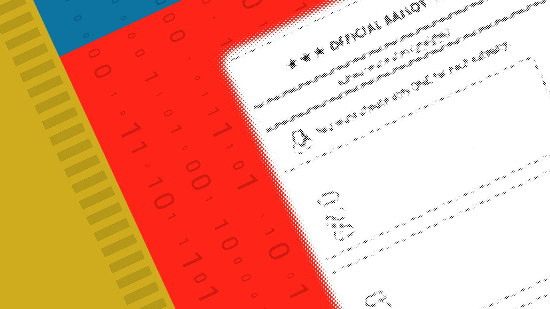 Illustration of an official voting ballot next to repeating binary code, scan lines, and blocks of color.
