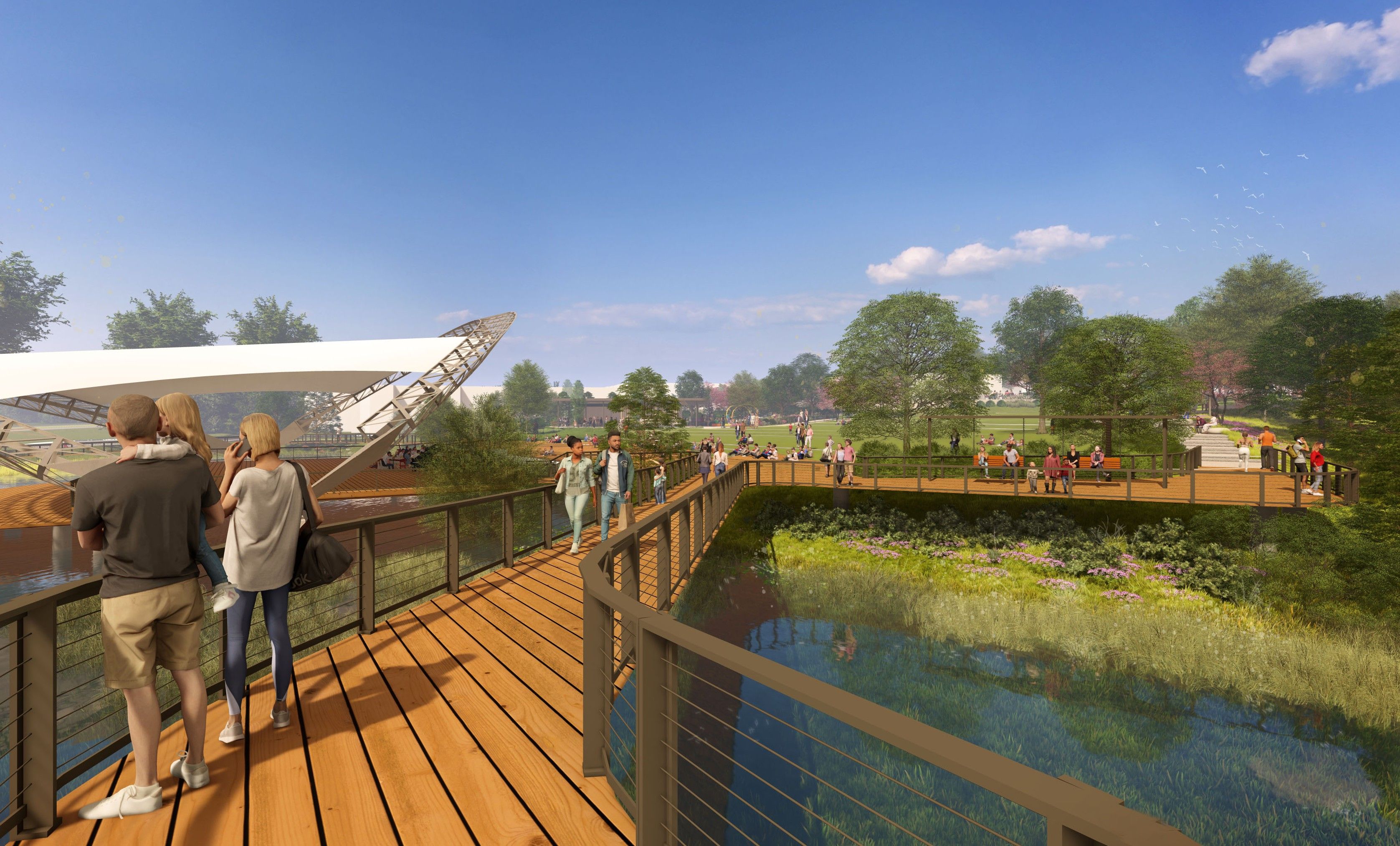 Sunny park scene with a wooden boardwalk over water, a futuristic white sail pavilion on the left, people walking and relaxing, lush trees, a bright blue sky and distant birds.