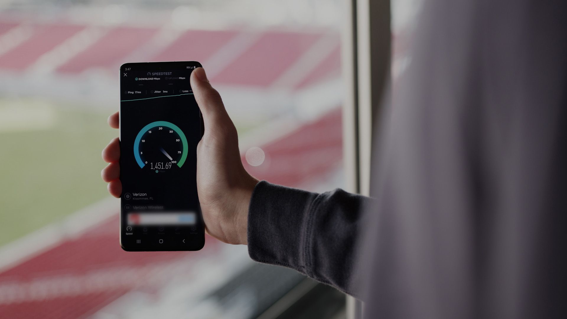 A smartphone testing the network speed at Raymond James Stadium in Tampa ahead of the Super Bowl