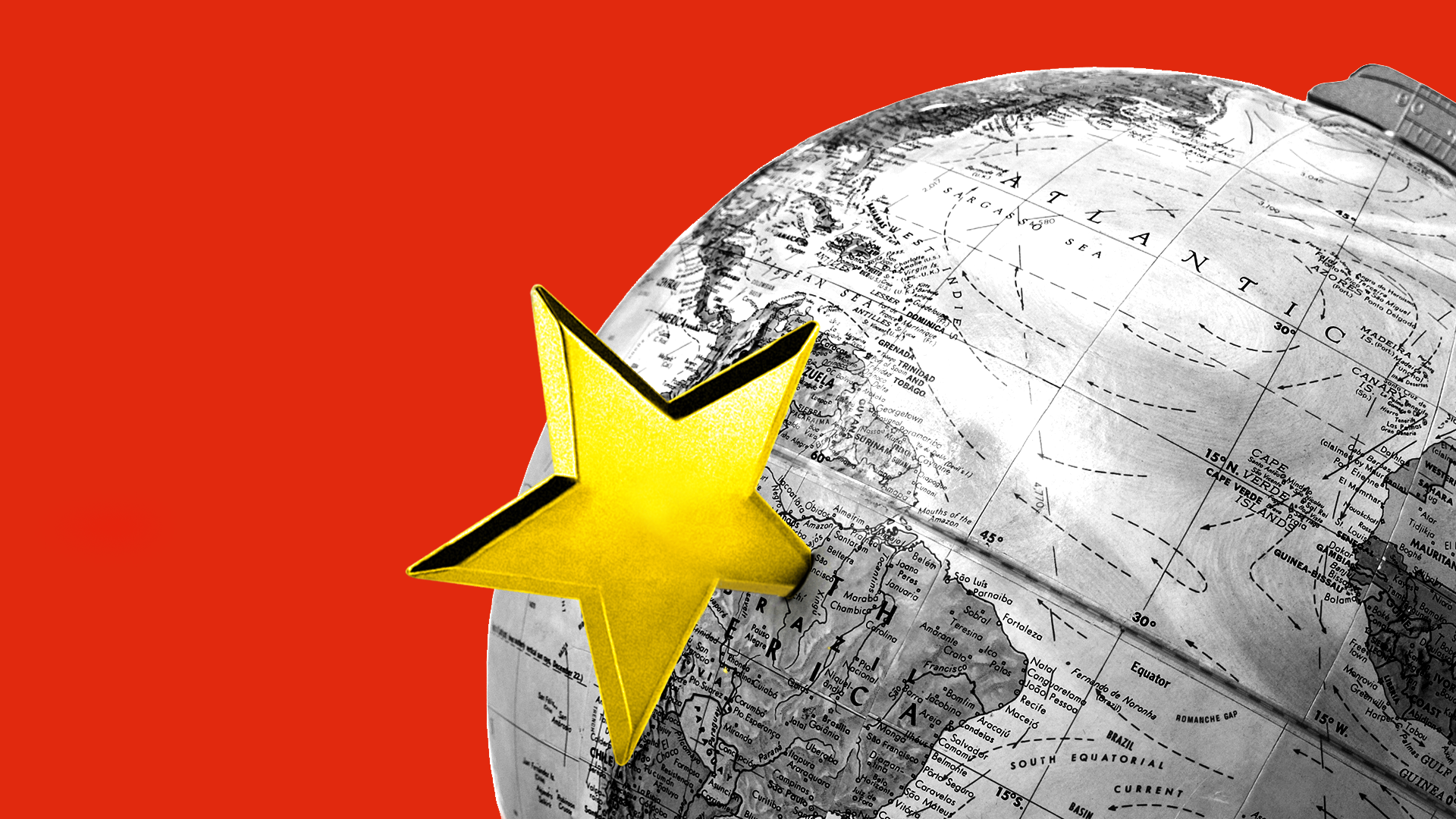 Illustration of globe with Chinese star stabbed into Latin America