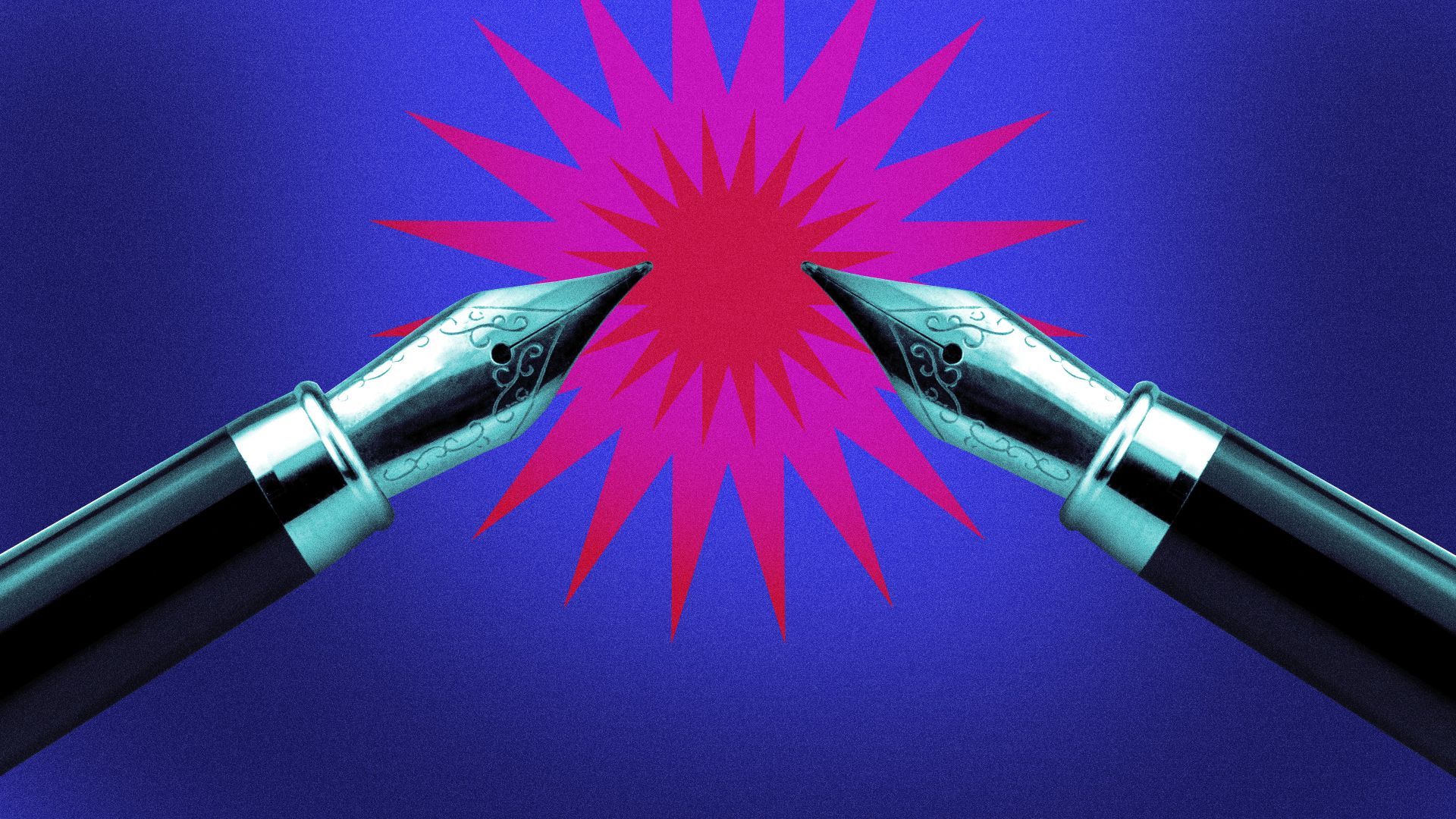 Illustration of two fountain pens facing off against an abstract pop of color.