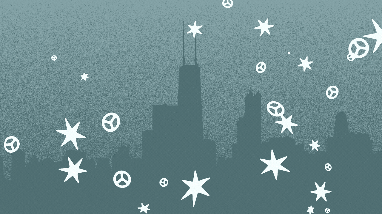 Animated illustration of the Chicago skyline with snowflakes in the shape of six-pointed stars and municipal devices falling on it.