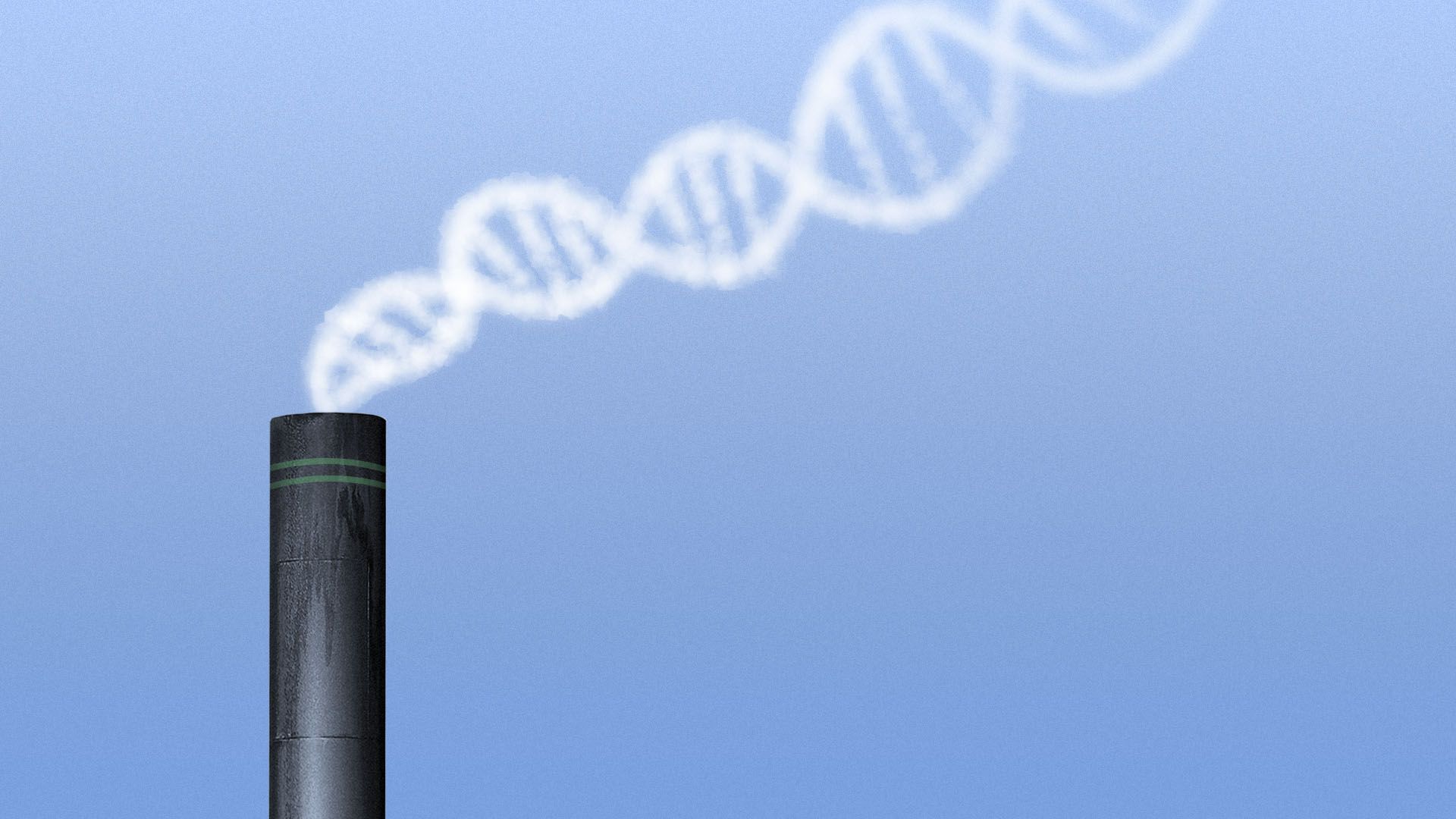 Illustration of a factory smokestack emitting a dna strand cloud