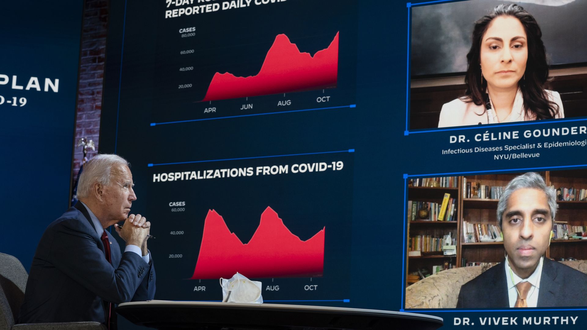 Democratic presidential nominee Joe Biden attends a coronavirus briefing at The Queen theater on October 28, 2020 in Wilmington, Delaware.