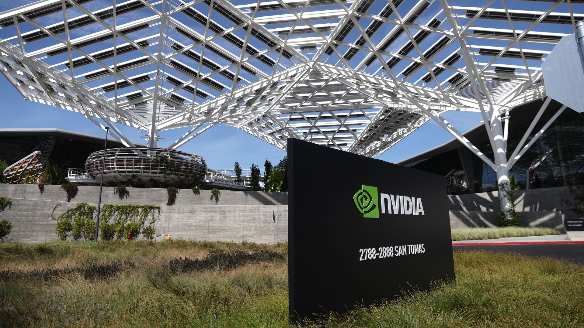 A sign is posted at the Nvidia headquarters on May 25, 2022 in Santa Clara, California.