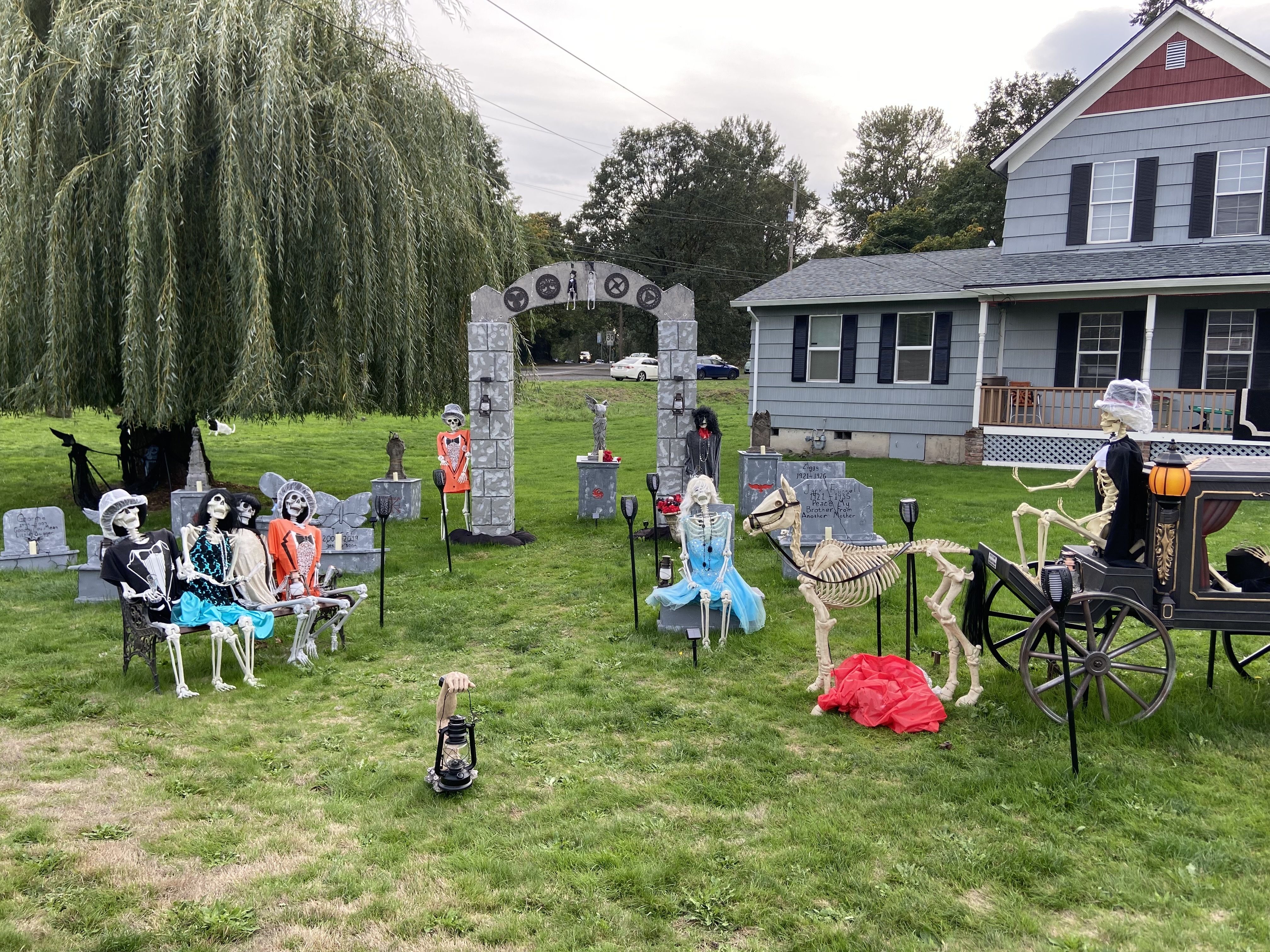 A Halloween display of skeletons at a wedding.