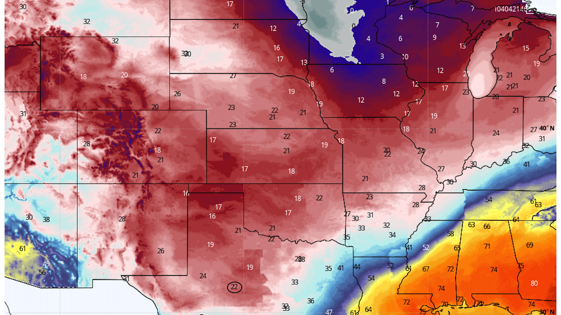 Animated image showing low temperatures across a drawing of the U.S.