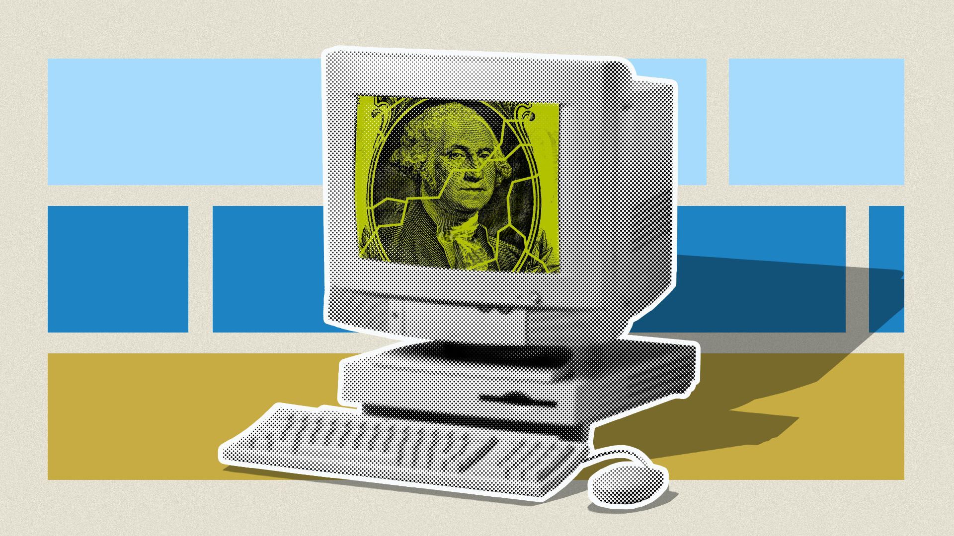 Illustration of a computer with a cracked screen featuring a dollar bill