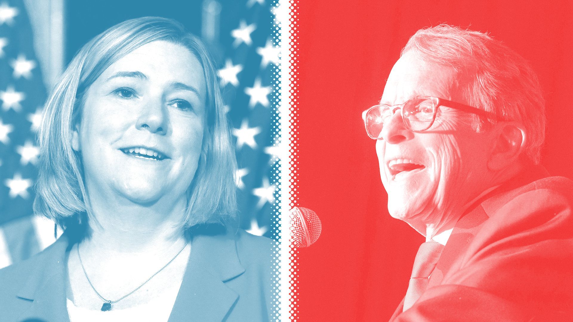 Photographic illustration of Nan Whaley tinted blue and Mike DeWine tinted red, separated by a white halftone divider.