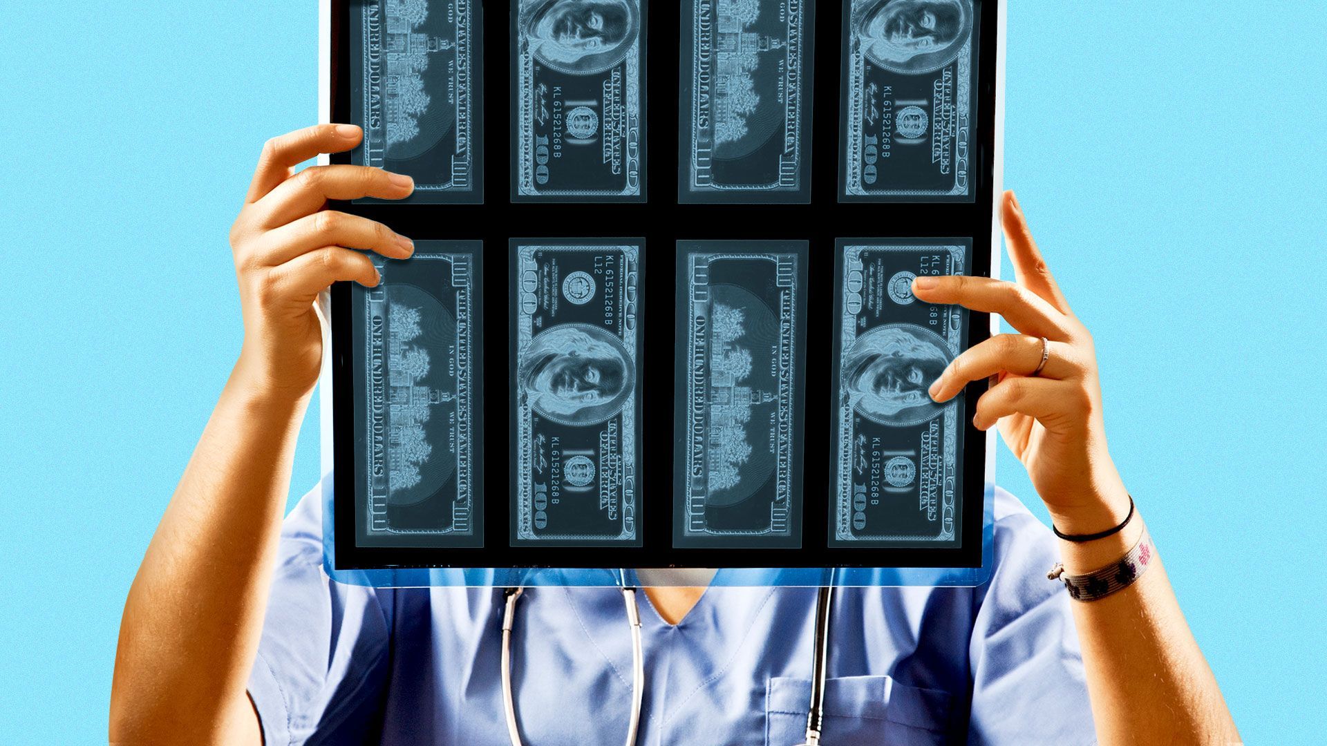 Illustrataion of a doctor holding an MRI scan of a one hundred dollar bill.