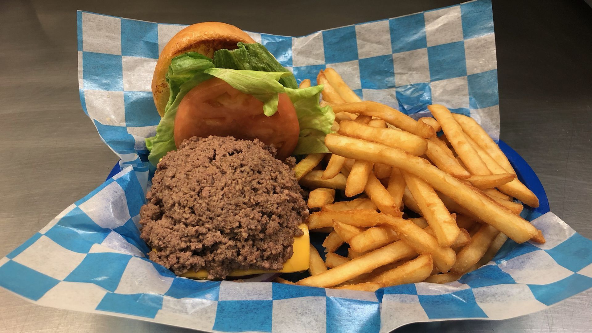 A hamburger and fries
