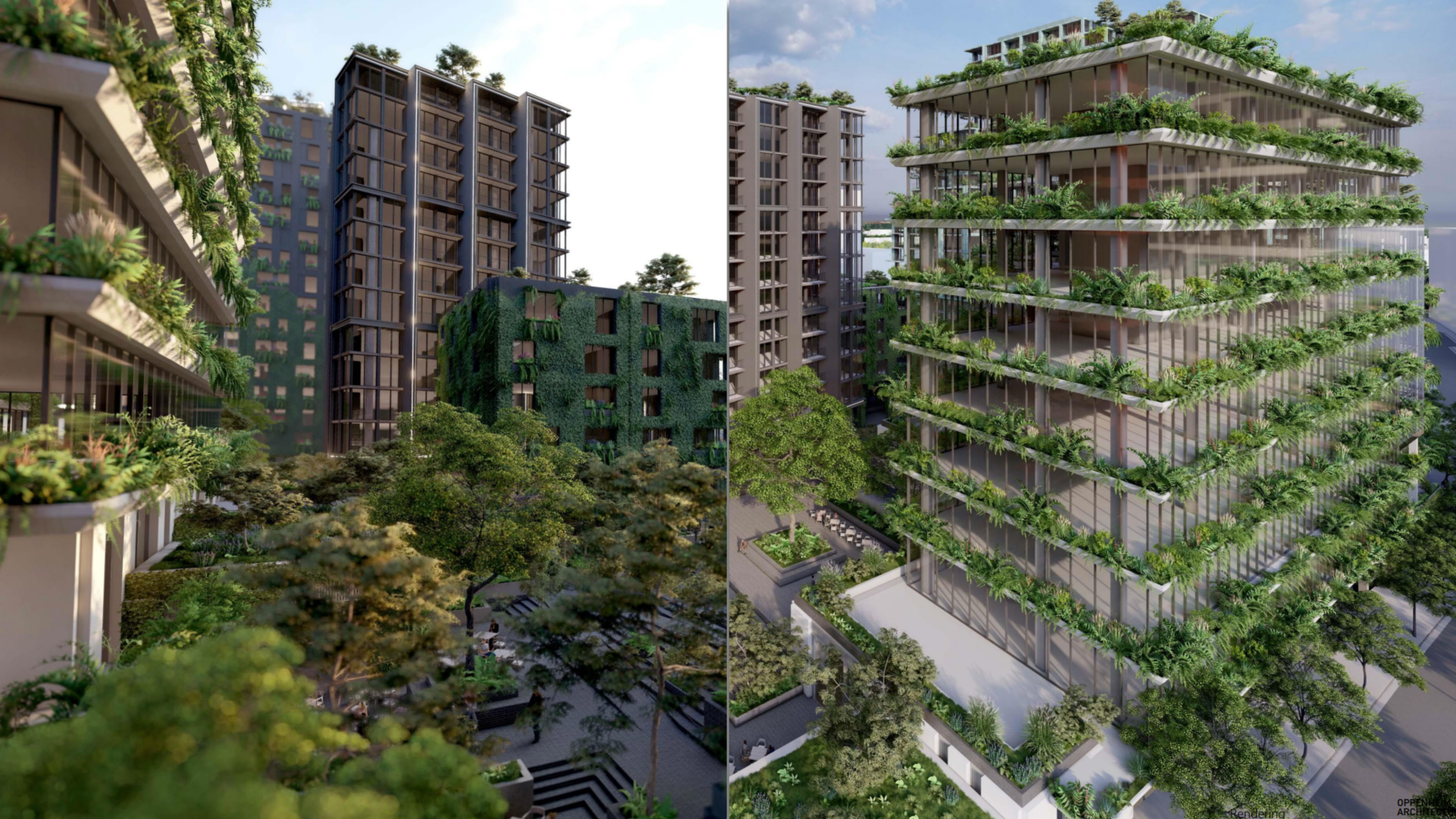 A side-by-side rendering of a tower covered with foliage