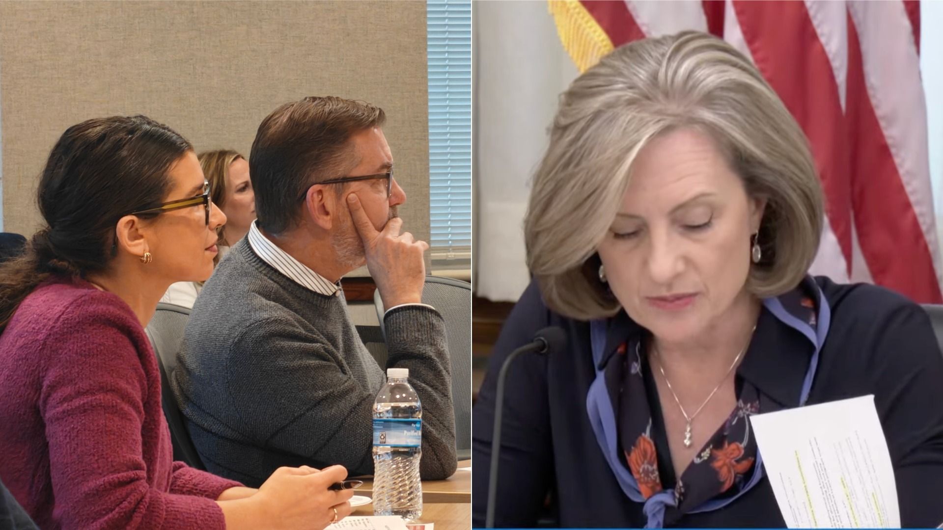 Two people on the left attentively listening at a meeting table, one holding a pen, with a water bottle in front; a woman on the right reading a document, American flag behind her.