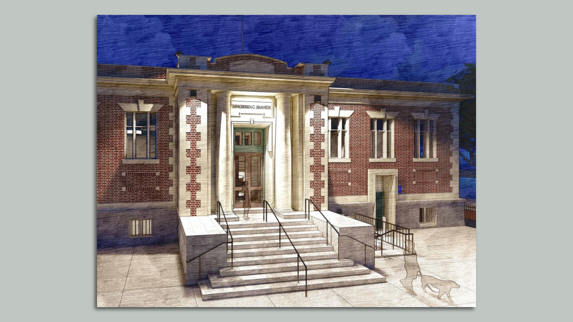 A rendering of improvements to the Kingsessing Library branch