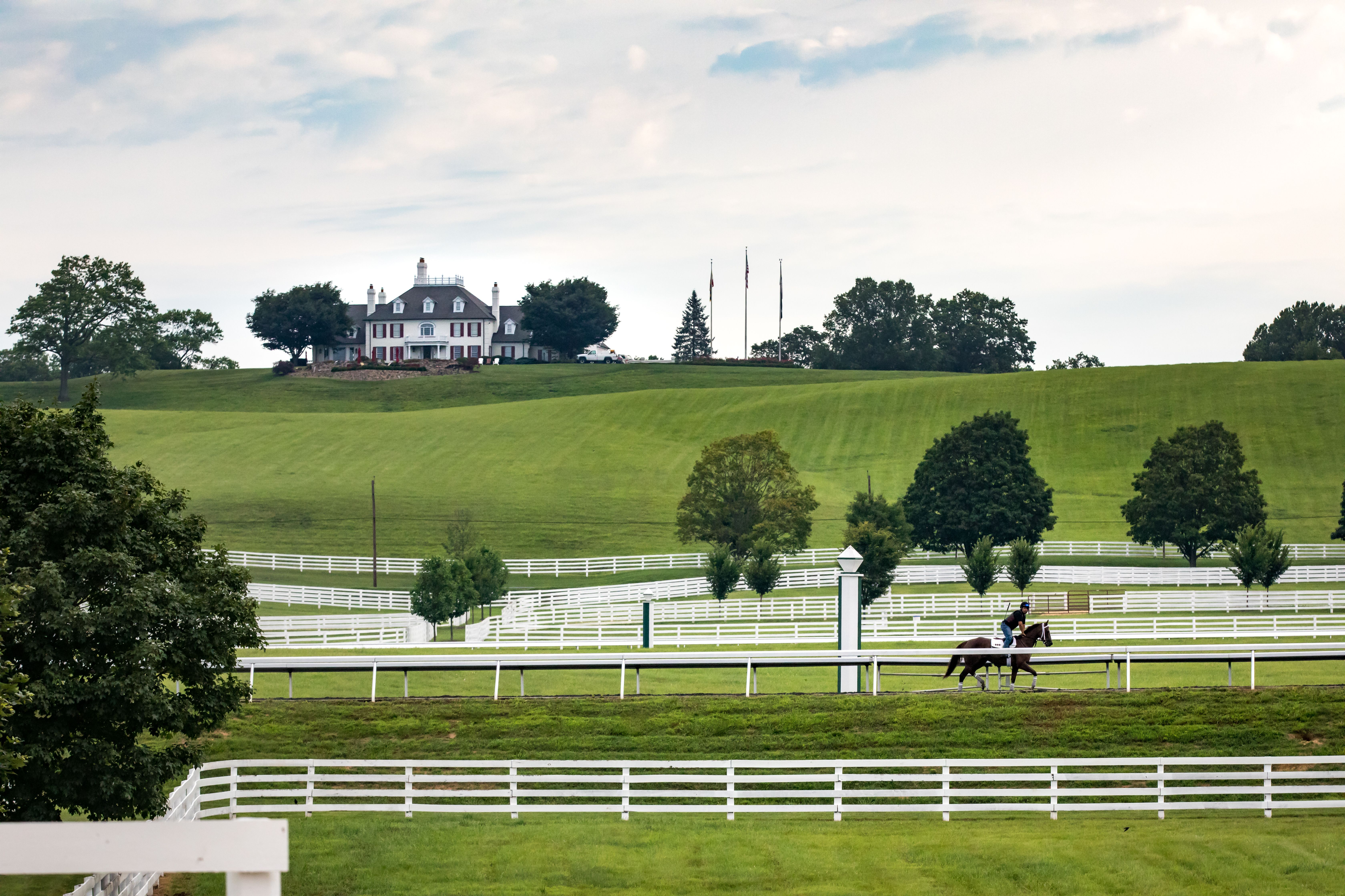 A photo of a large, white house on a hill, surrounded by green farmland.