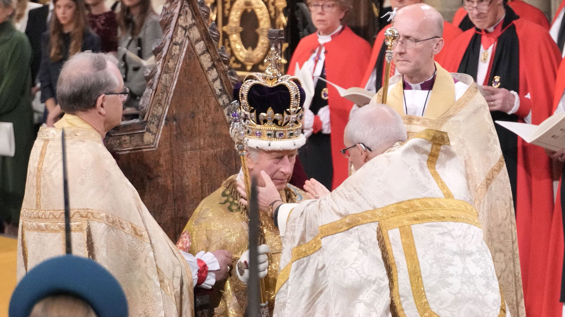 King Charles III is crowned during his coronation ceremony at Westminster Abbey. 