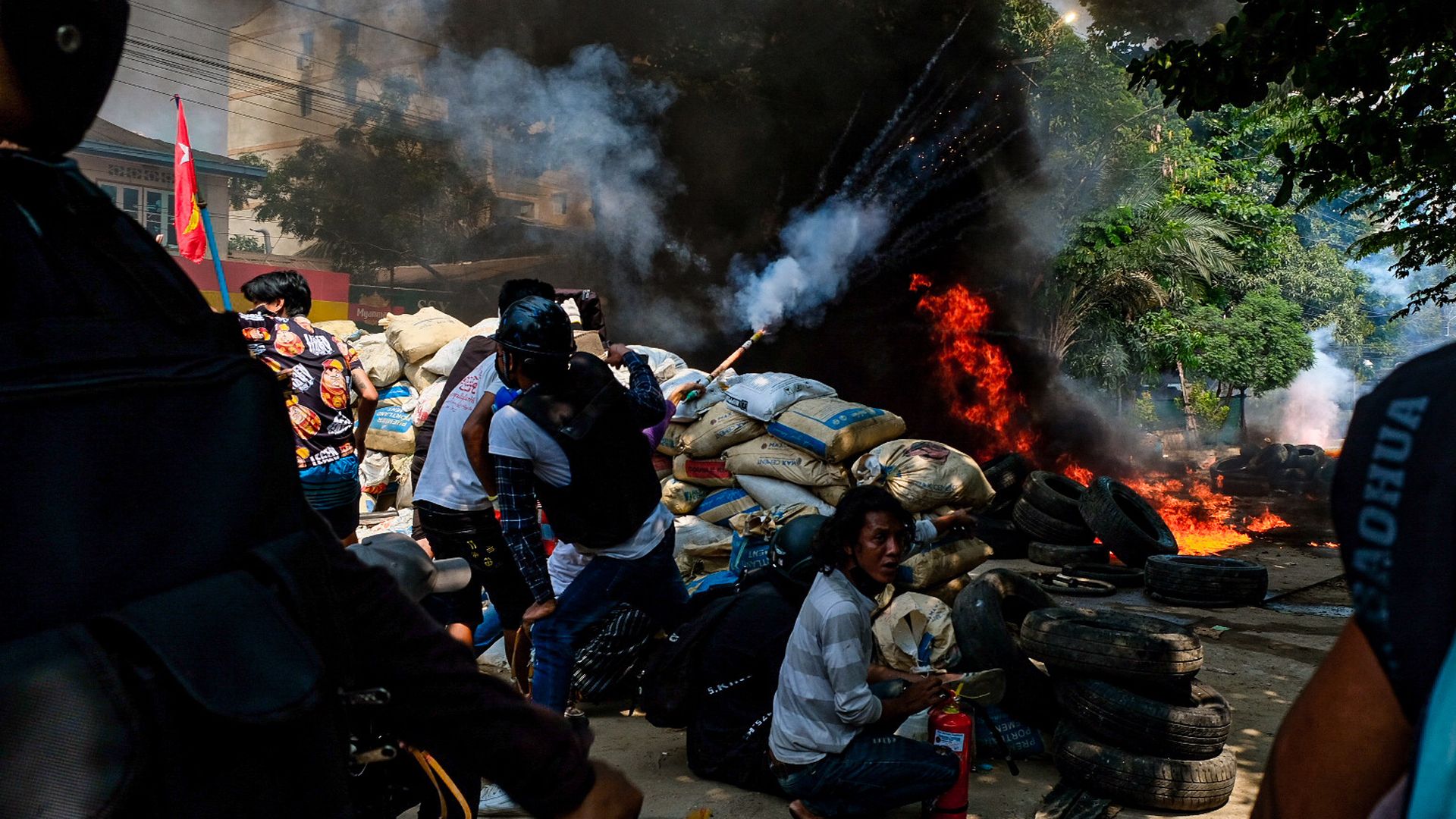 Protesters demonstrating against the military coup in Yangon, Myanmar, on March 27.