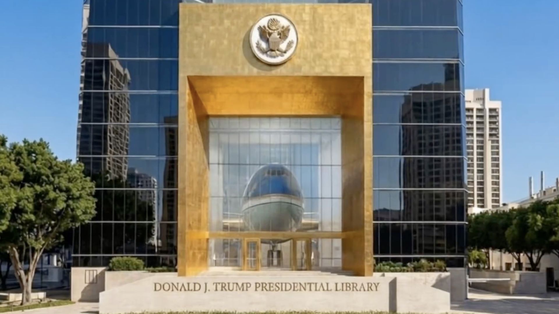 Front view of a tall glass building with a large gold square doorway frame and a circular seal above; a dome visible inside, with the sign "DONALD J. TRUMP PRESIDENTIAL LIBRARY" at ground level.