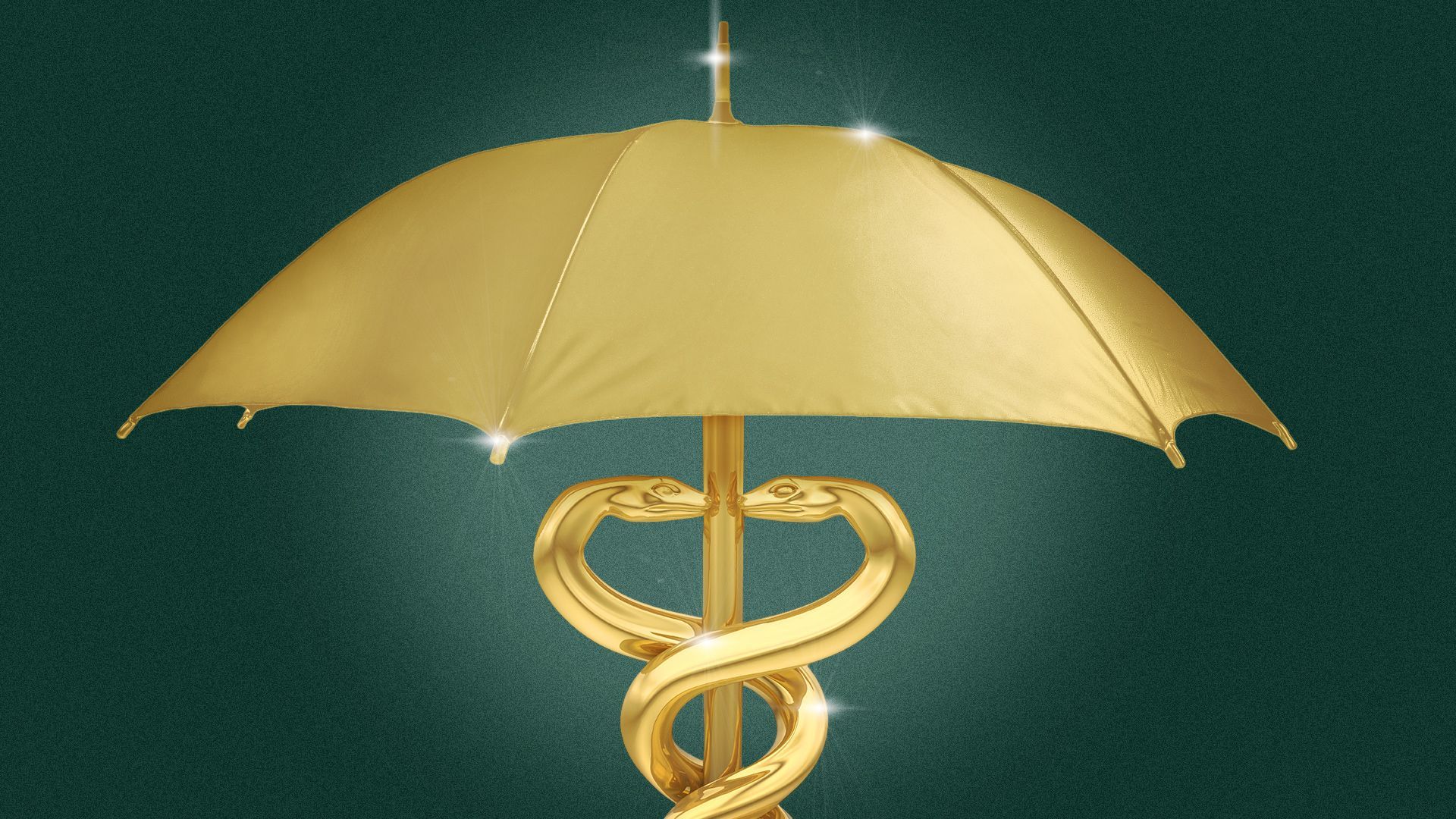 Illustration of an umbrella with a caduceus as the shaft. 