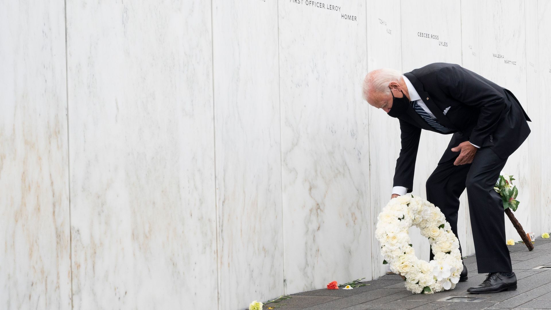 Joe Biden lays a wreath at the Shanksville Flight 93 Memorial on September 11, 2020
