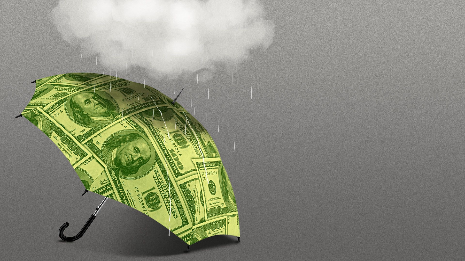 Illustration of an umbrella made up of money with a little raincloud over it
