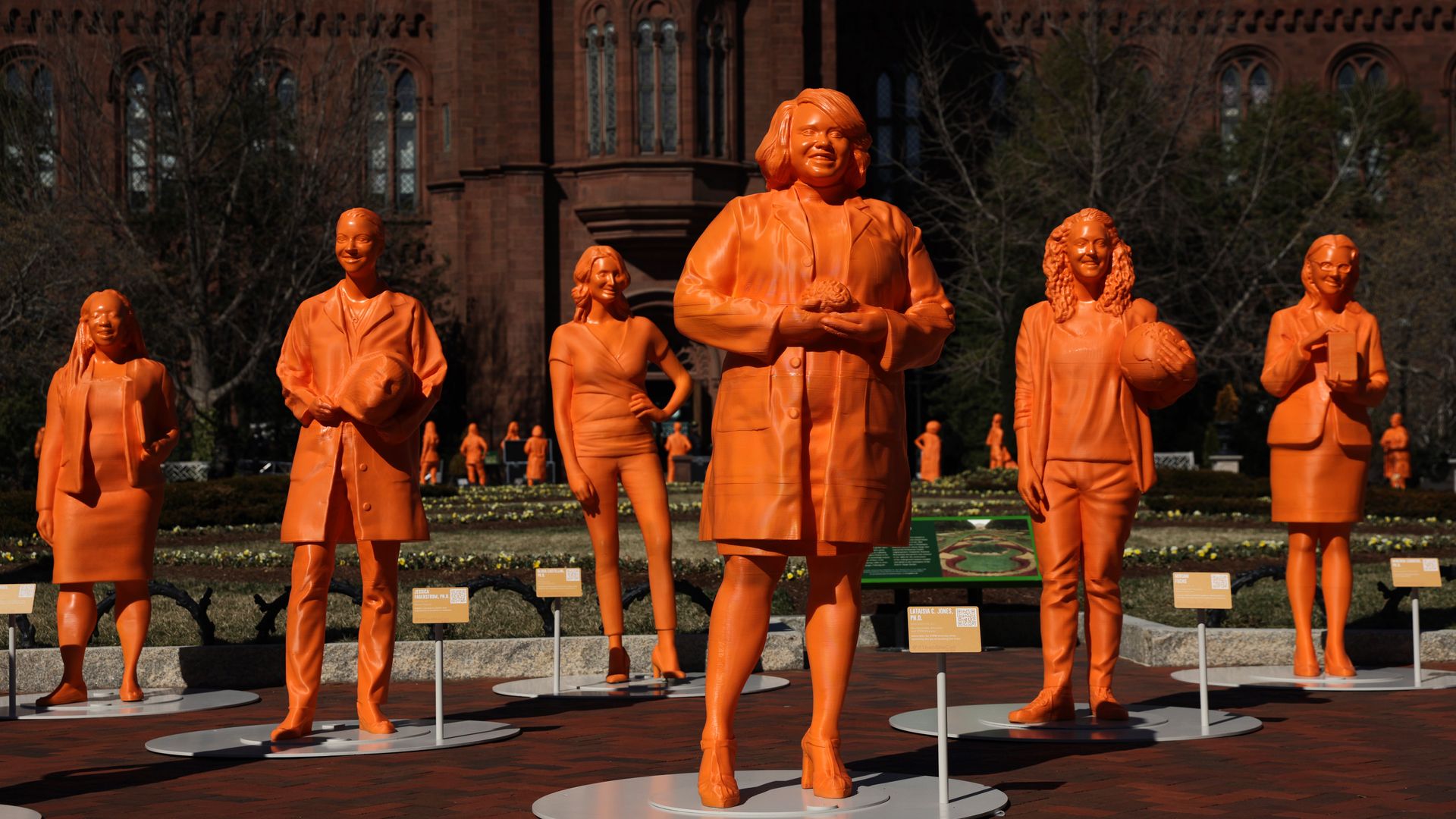Life-size 3D-printed statues honoring women in STEM are seen at the Enid A. Haupt Garden outside the Smithsonian Castle March 4, 2022 in Washington, DC.