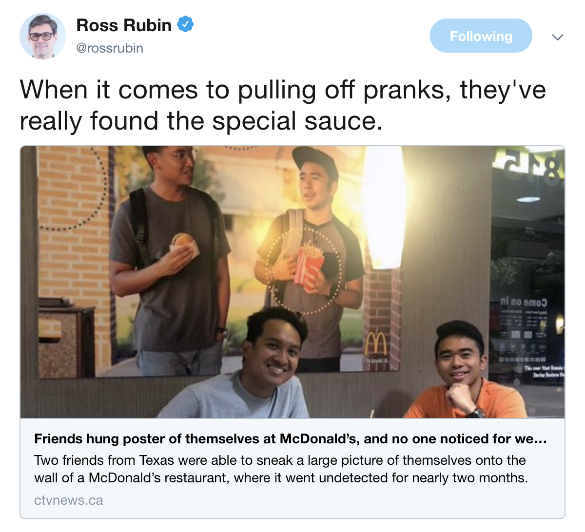 A tweet about two teens who put a poster of themselves up at a local McDonalds