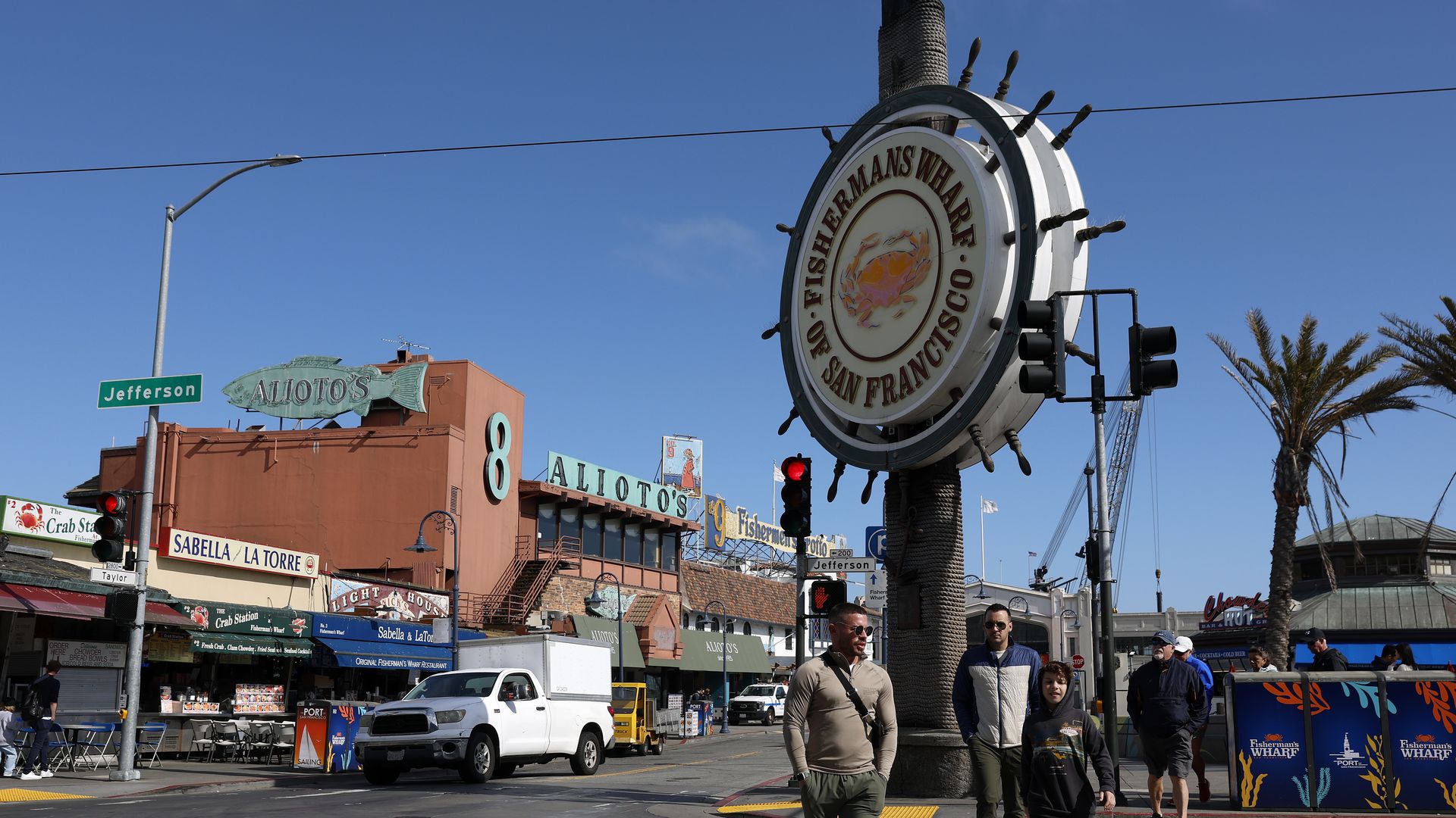 SAN FRANCISCO, CALIFORNIA - MAY 02: People visit Fisherman's Wharf on May 02, 2025 in San Francisco, California. Foreign tourism to California fell sharply in February and March during the first 100 days of Donald Trump's second term in the White House. Border crossings from Canada plummeted over 30