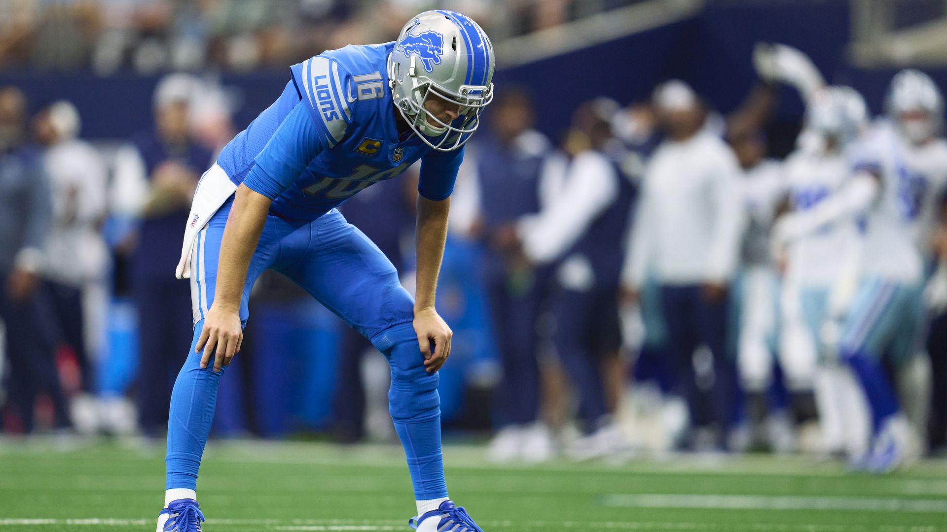 Jared Goff reacts after a play against the Dallas Cowboys