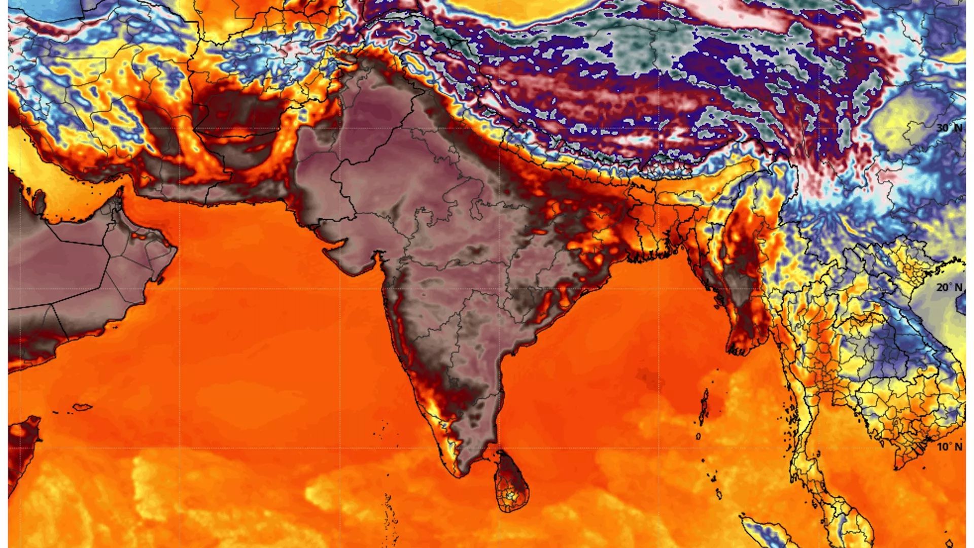 Computer model projection of high temperatures on May 2, showing the hottest conditions in northwestern India and Pakistan.