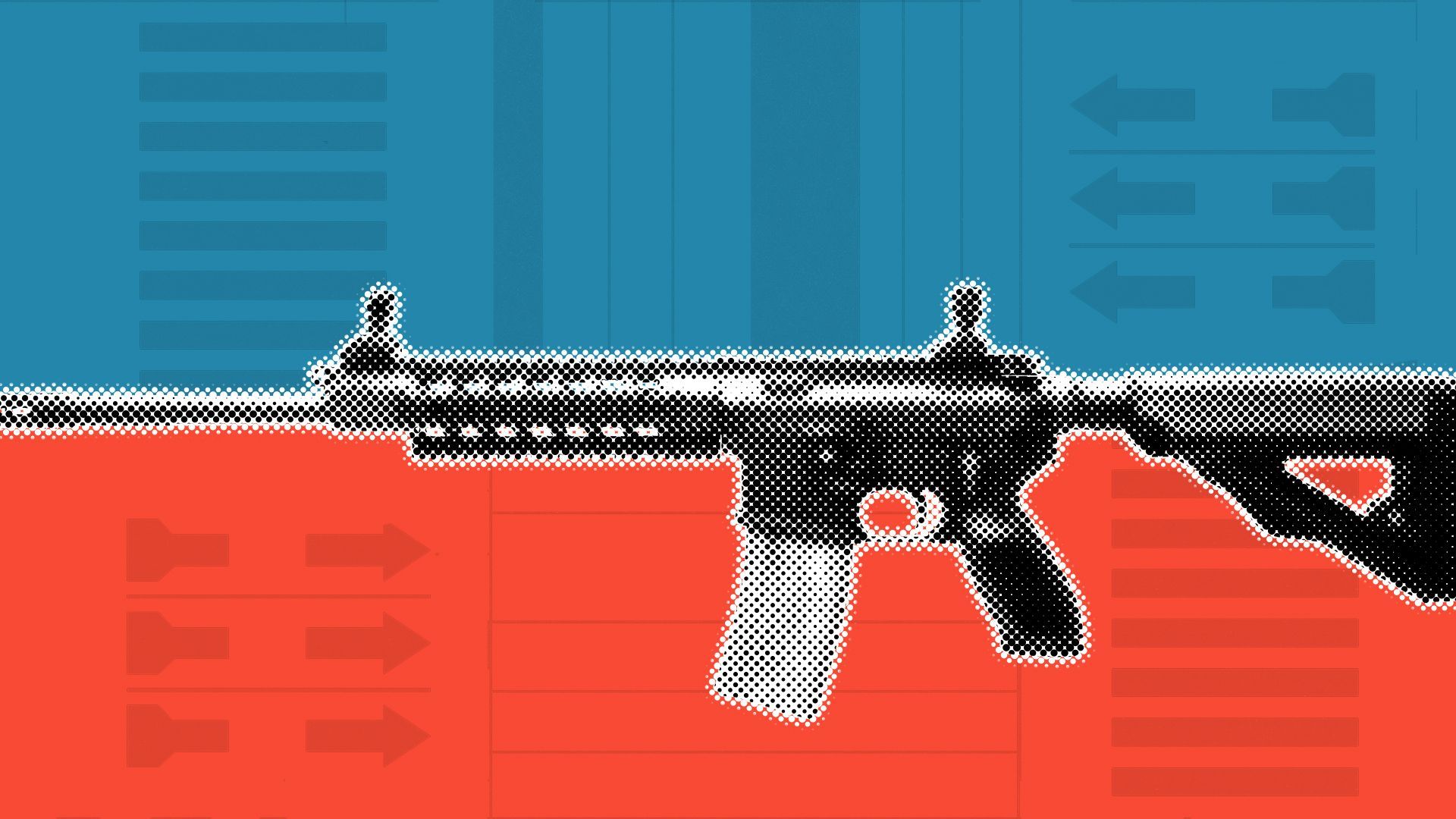 Illustration of a gun separating color blocks of blue and red, with elements from ballots in the background.