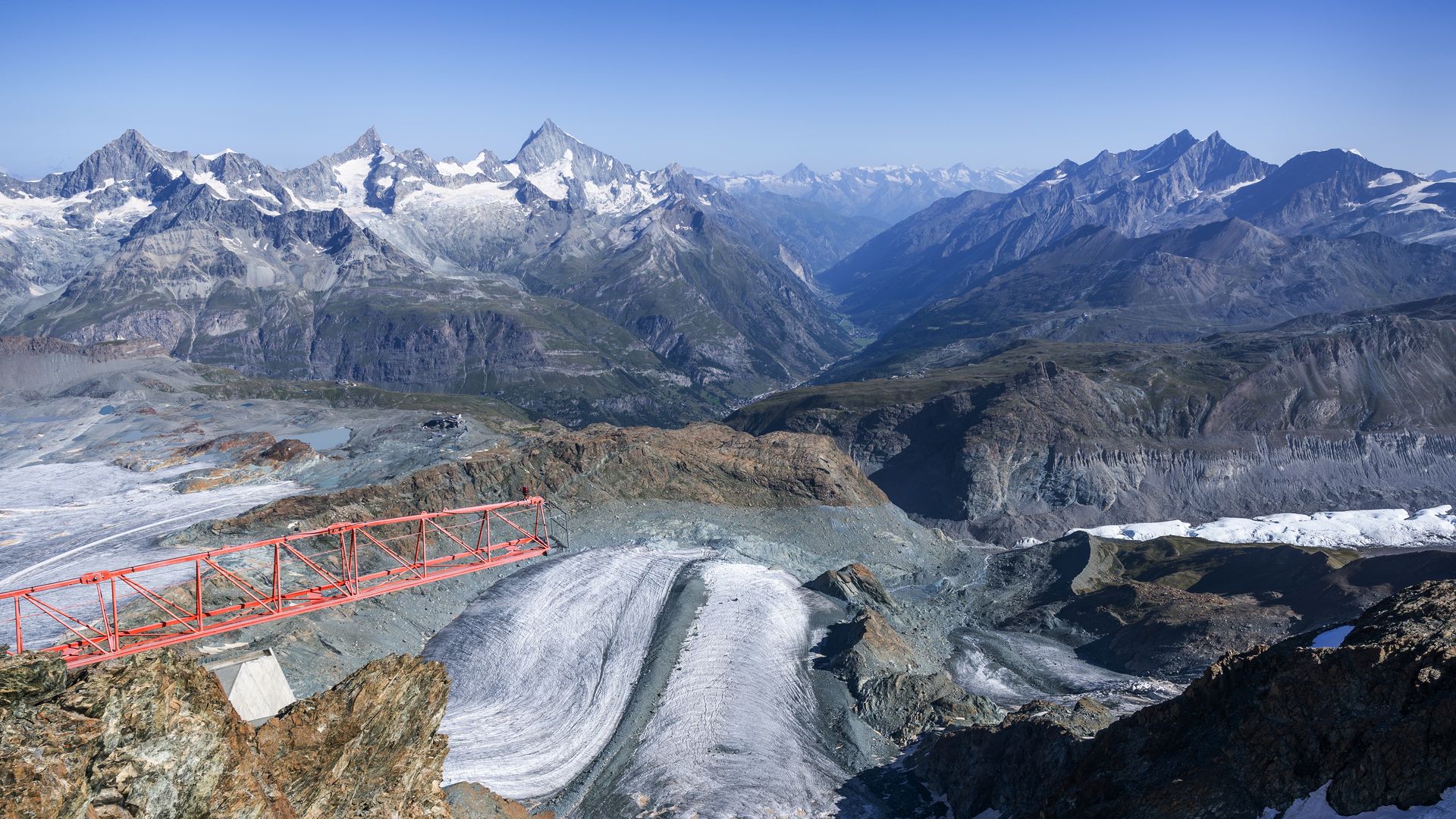 SWITZERLAND, ZERMATT - AUGUST 16: A view of the the Matterhorn Glacier in summer located at the base of the north face of the Matterhorn from Pennine Alps on August 16, 2024 in Zermatt, Switzerland. (Photo by Steve Christo - Corbis/Corbis via Getty Images)